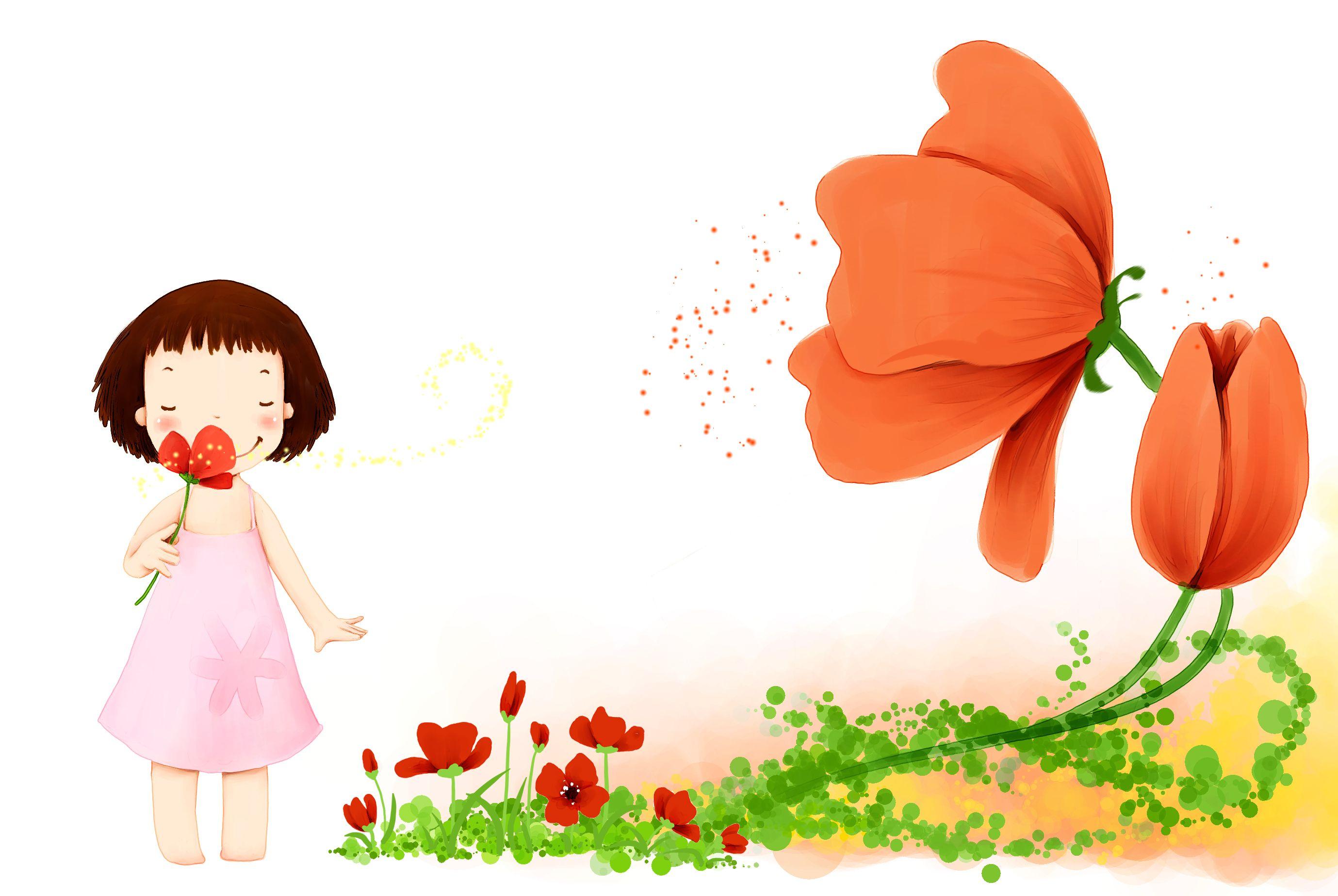 2758x1848 #Cartoon, #Flowers, #Cute Girl