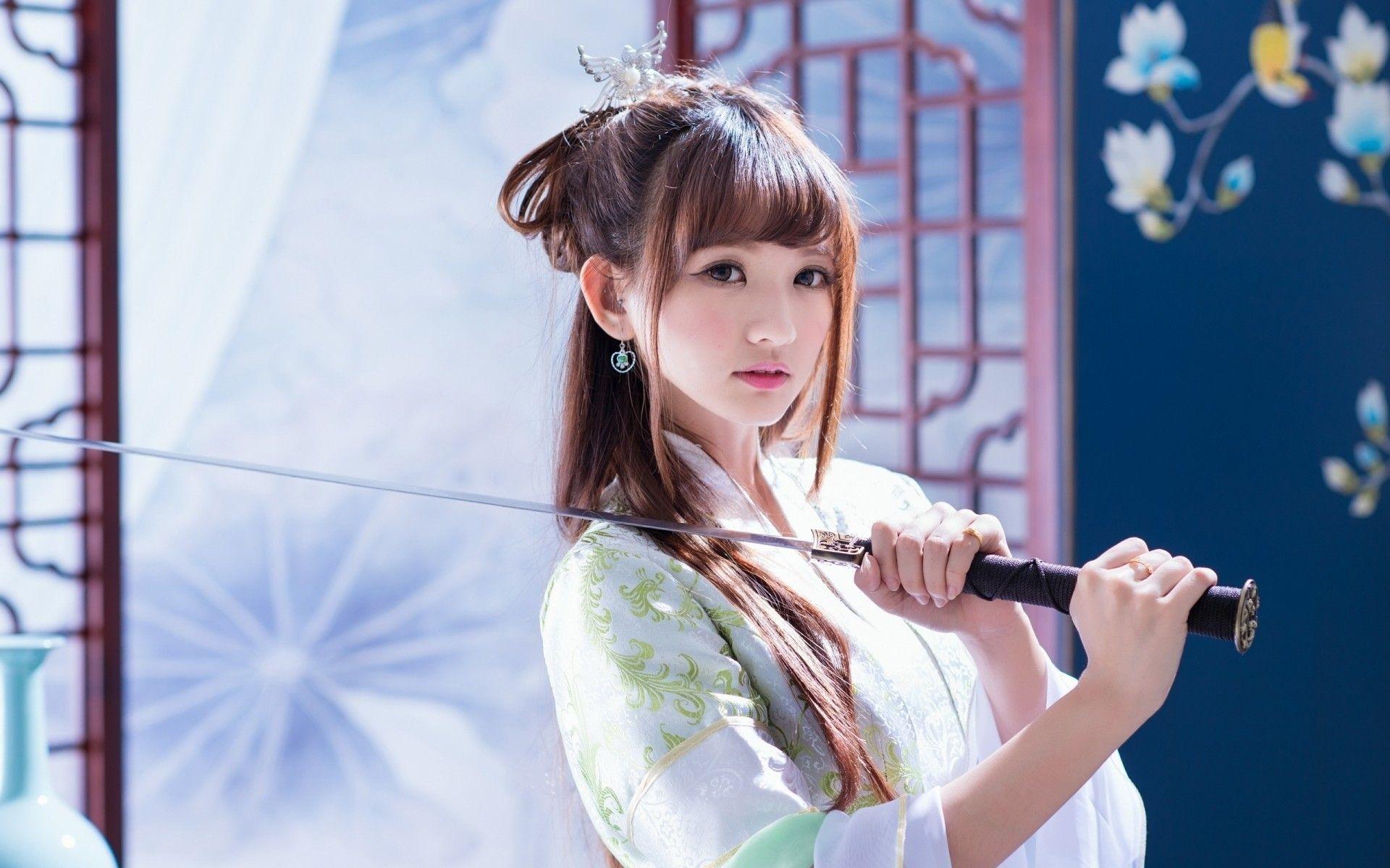 1920x1200 Wallpaper Japanese Women, Katana, Kimono, Open Mouth, Asian Women