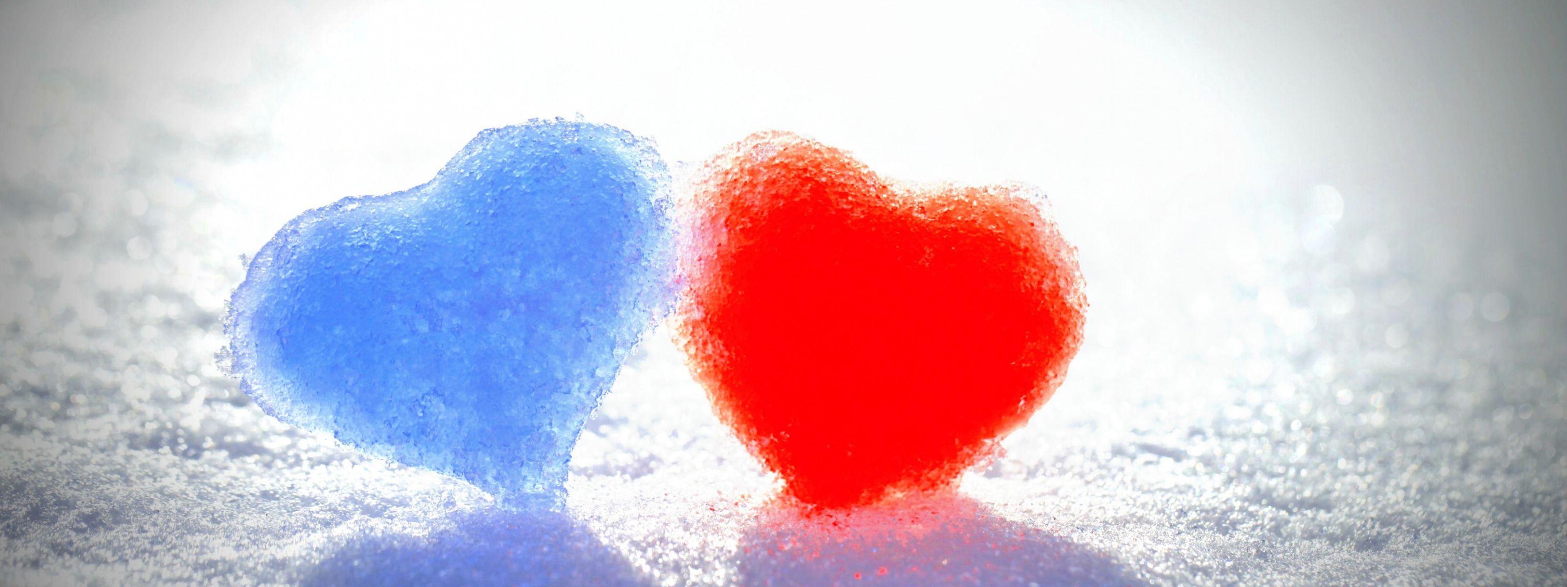 3200x1200 Download wallpaper winter, snow, love, blue, red, background