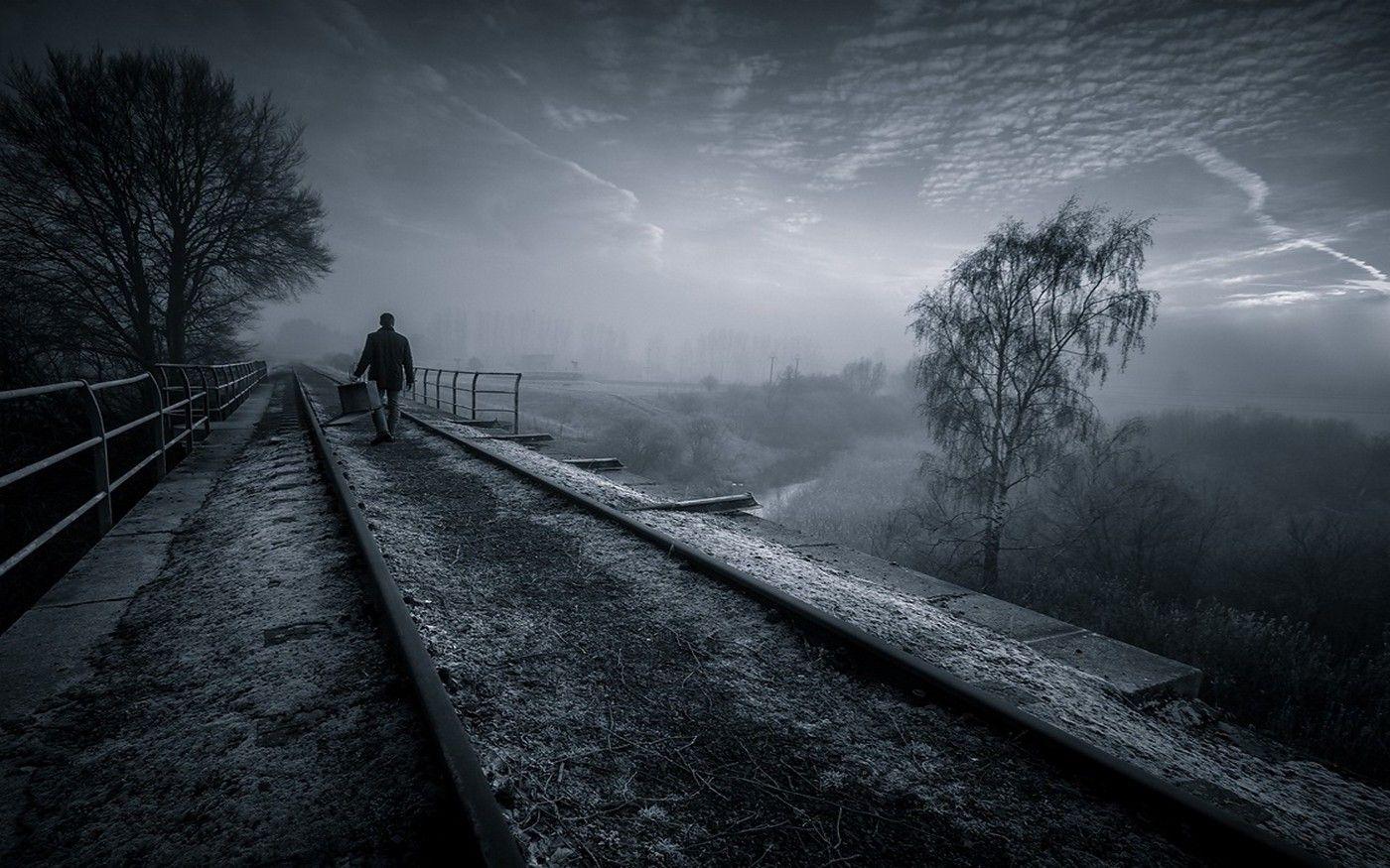1400x875 nature, Landscape, Railway, Trees, Mist, Sunrise, Walking, Dark