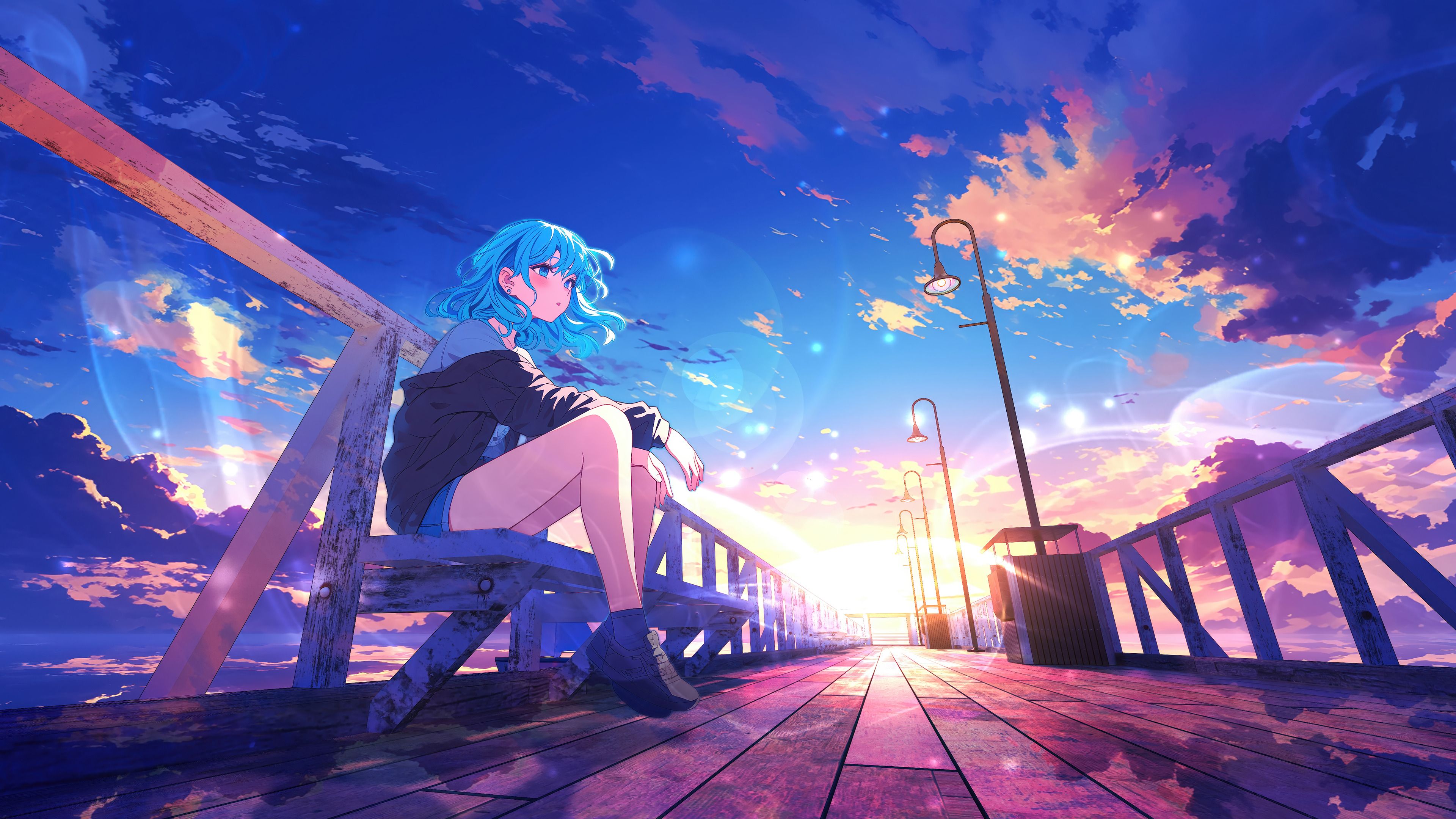 3840x2160 Anime Girl Blue Hair Sunrise Wallpaper 4K HD PC b