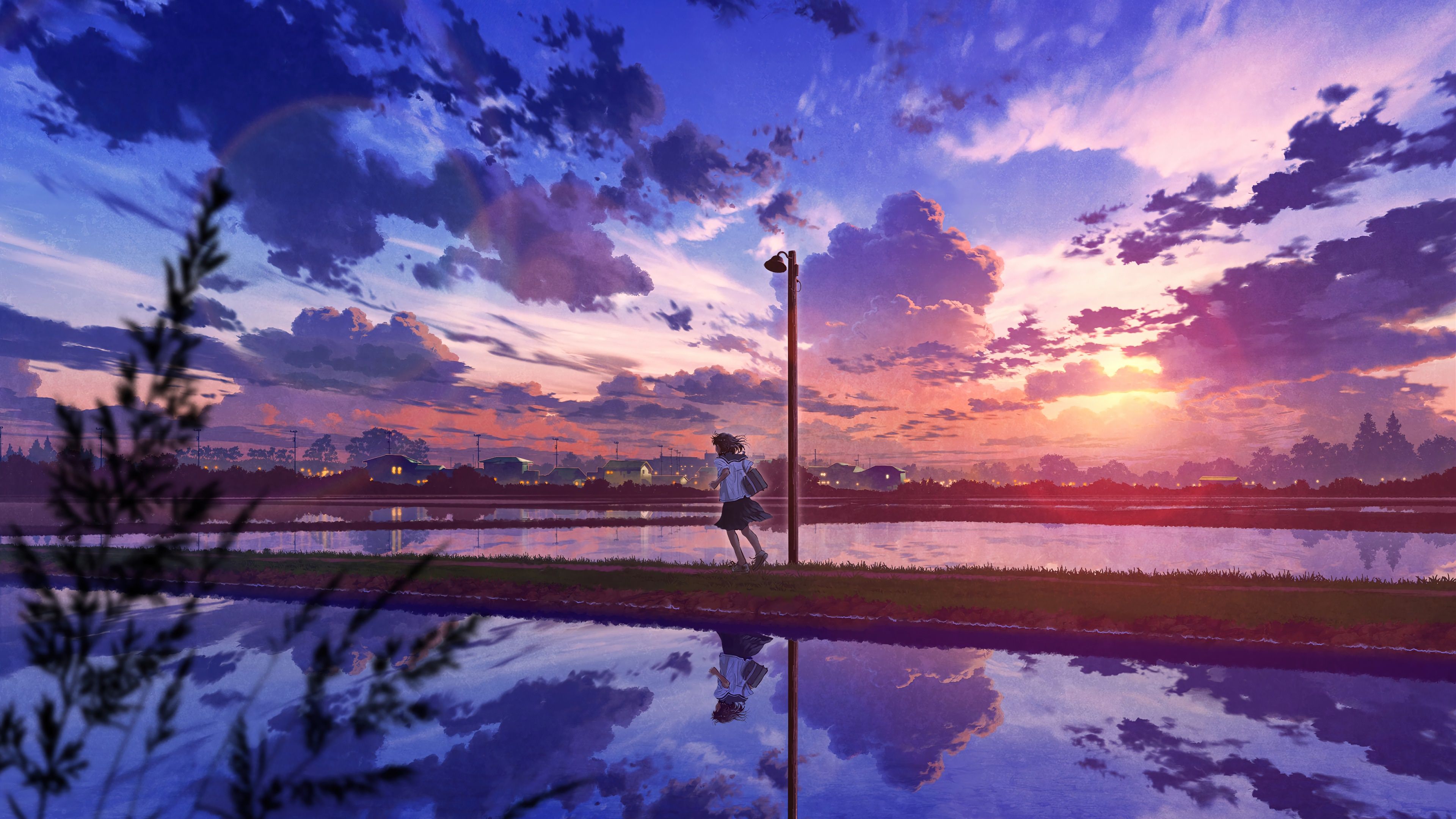 3840x2160 anime, girl, student, sunrise, scenery, art, 4k, pc, HD Wallpaper