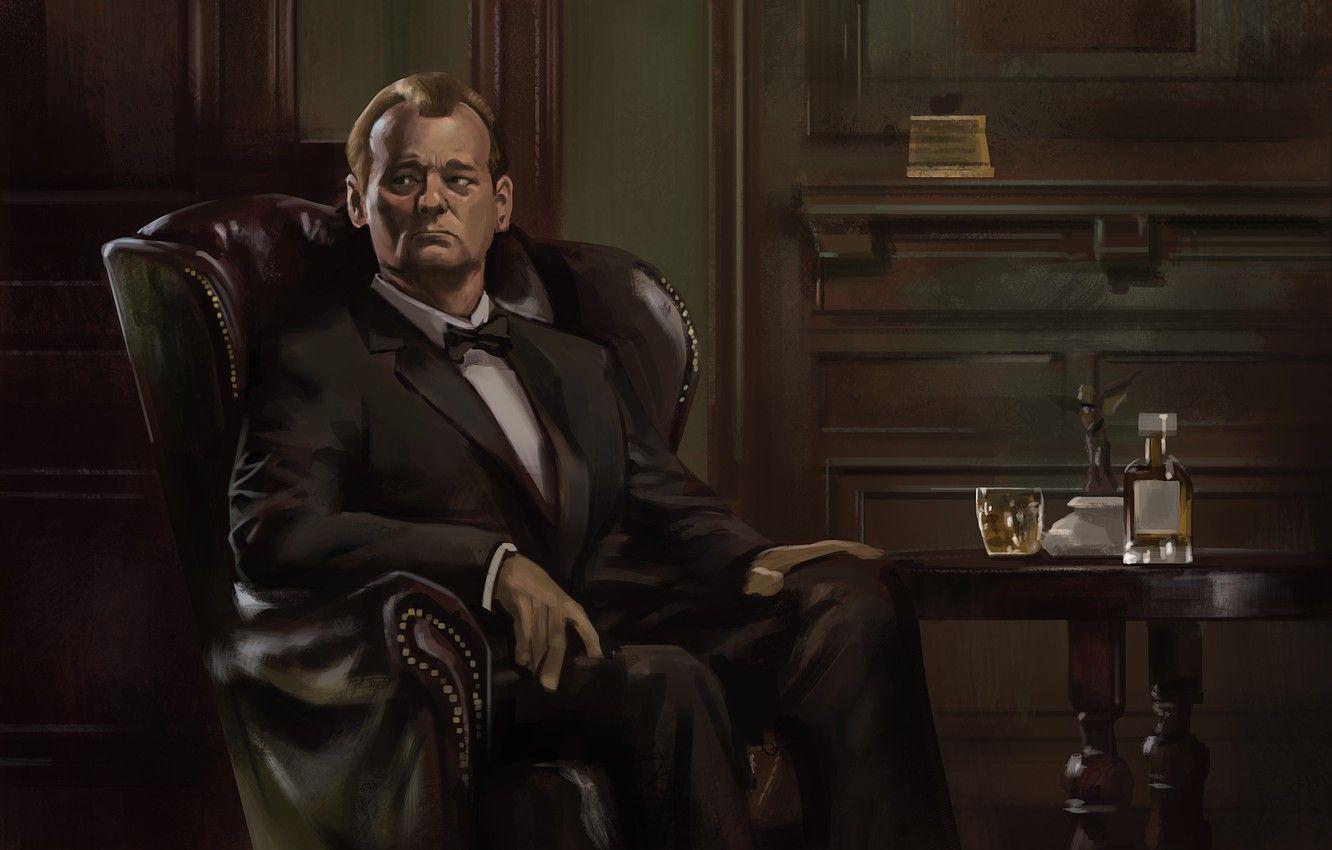 1332x850 Wallpaper chair, art, alcohol, actor, male, whiskey, Bill Murray