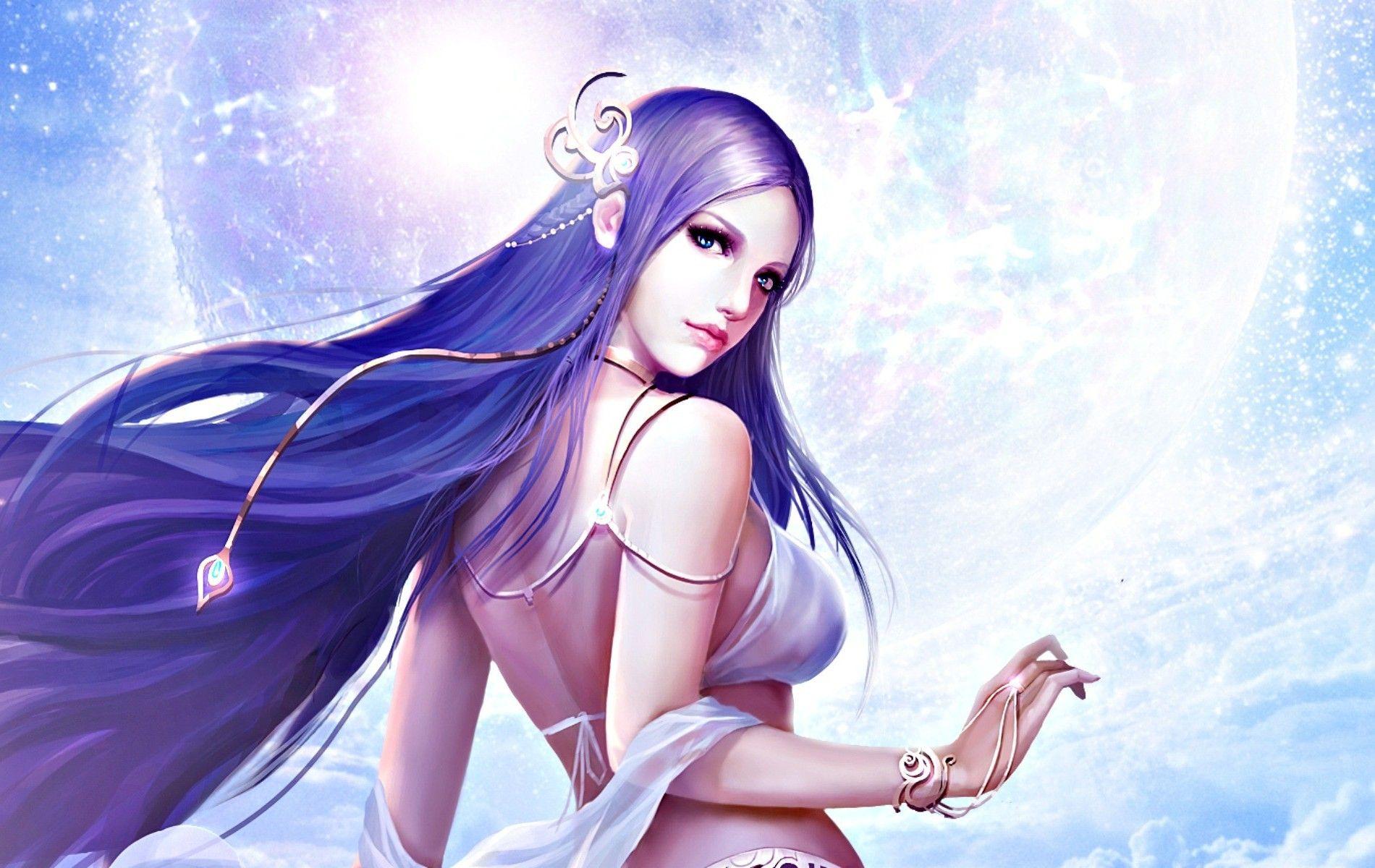 1900x1200 women, Fantasy Art, Long Hair, Purple Hair, League Of Angels