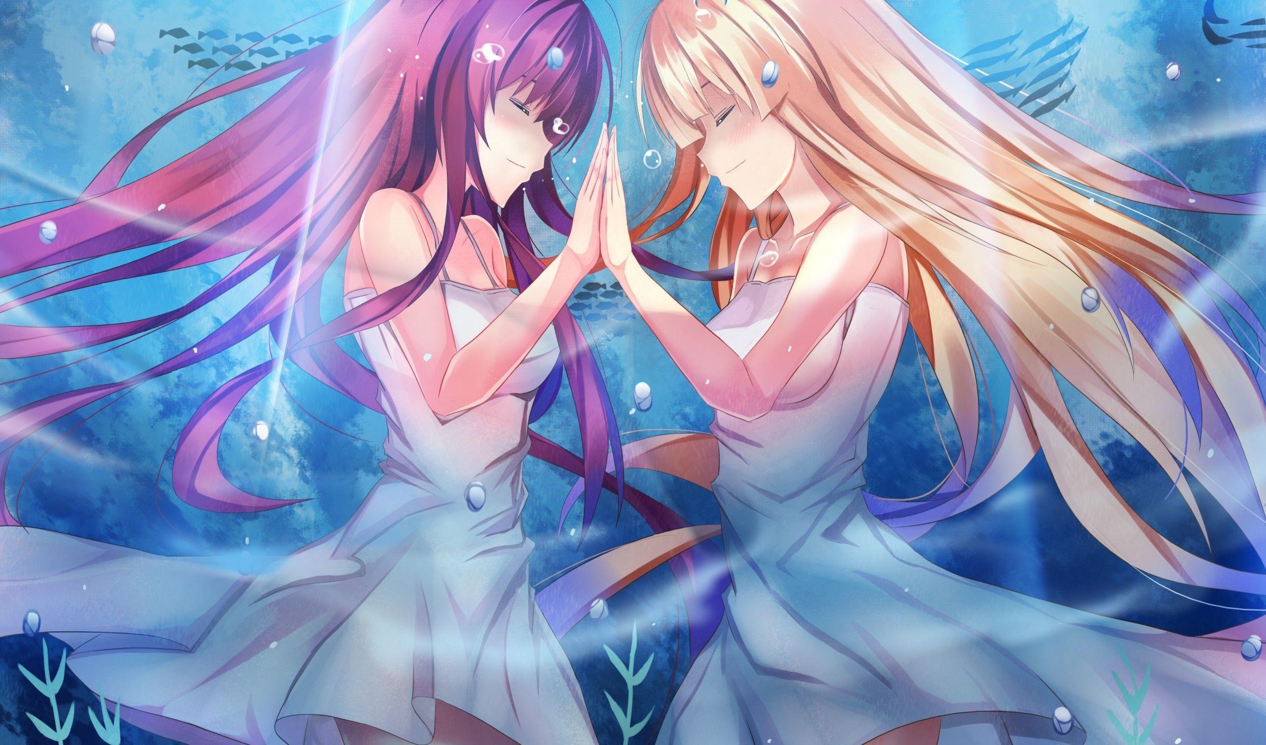 2550x1500 Download 2550x1500 Anime Girls, Light Dress, Blonde, Purple Hair