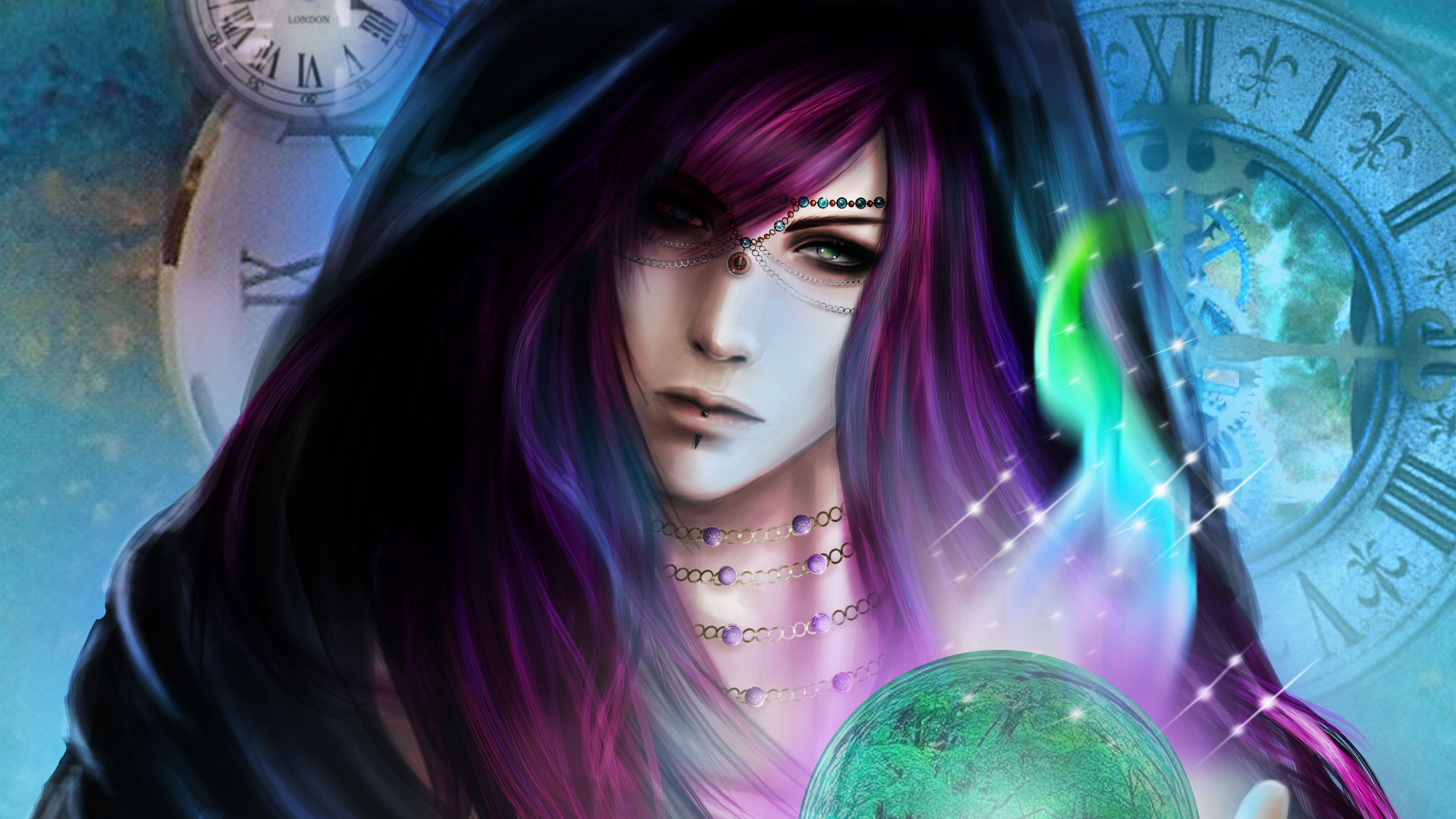 5120x2880 Wallpaper Purple hair fantasy girl, magic, ball 5120x2880 UHD 5K