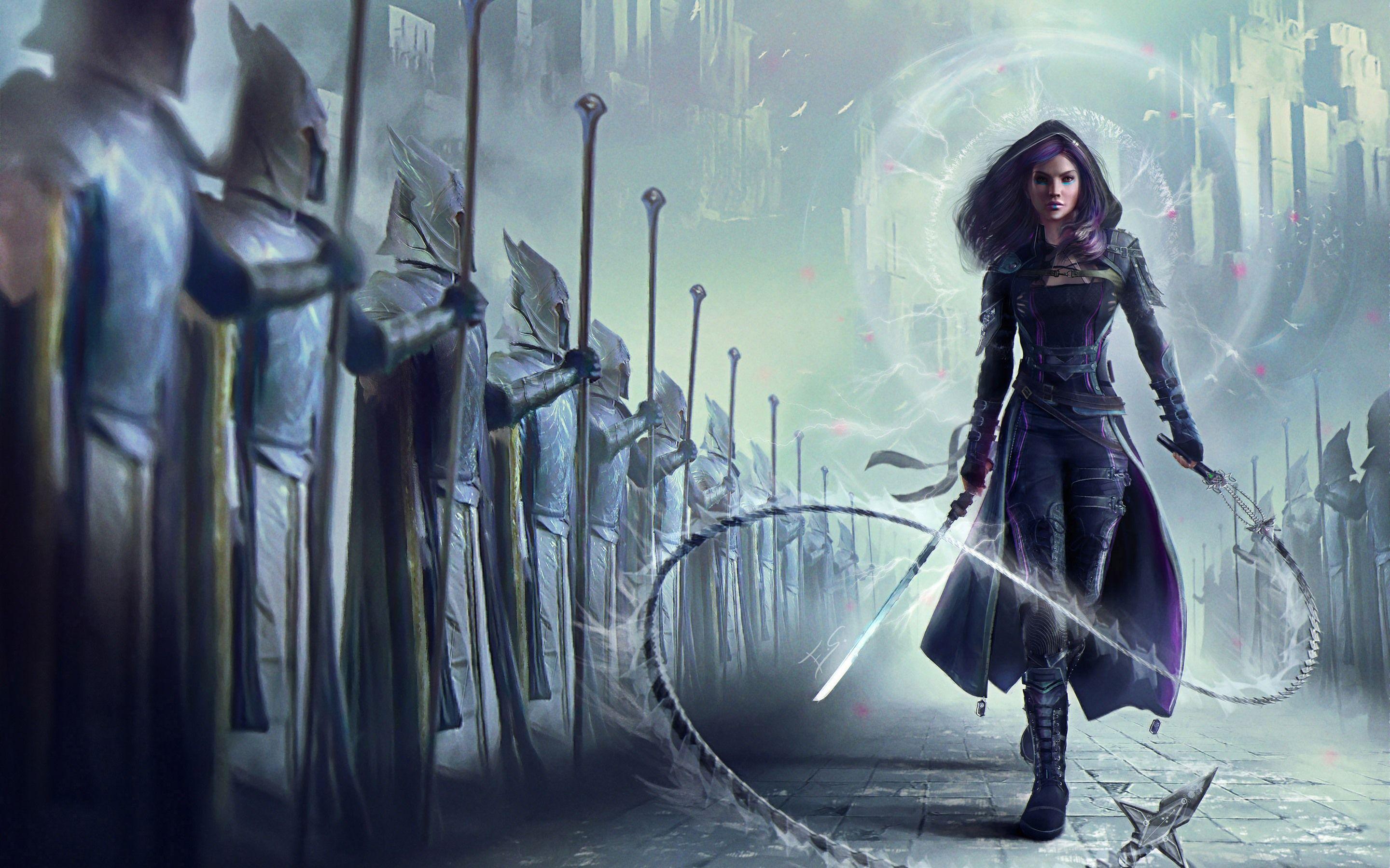 2880x1800 Wallpaper Purple hair fantasy girl, sword, whip 2880x1800 HD
