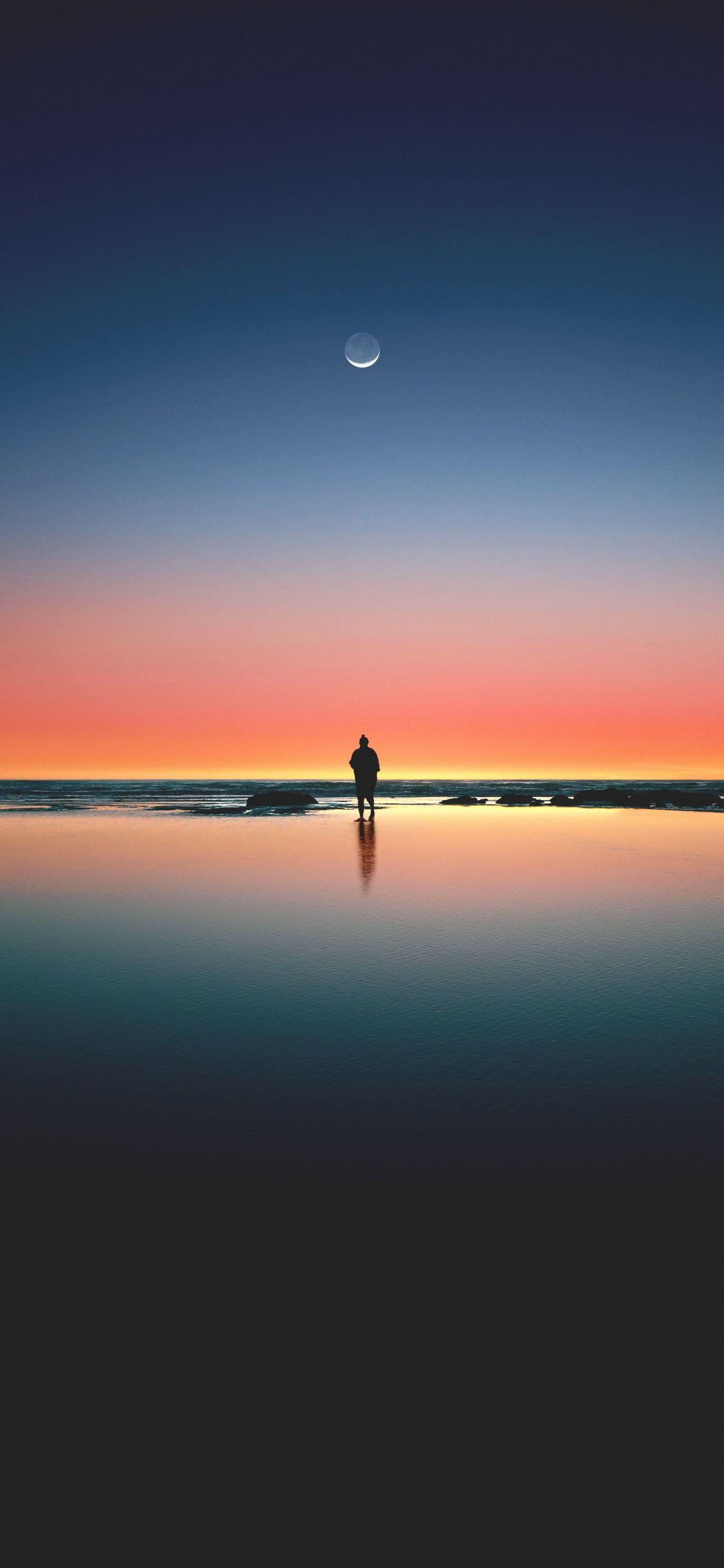 1125x2436 Sunset, Beach, Sea, Horizon, Silhouette, Moon, Wallpaper