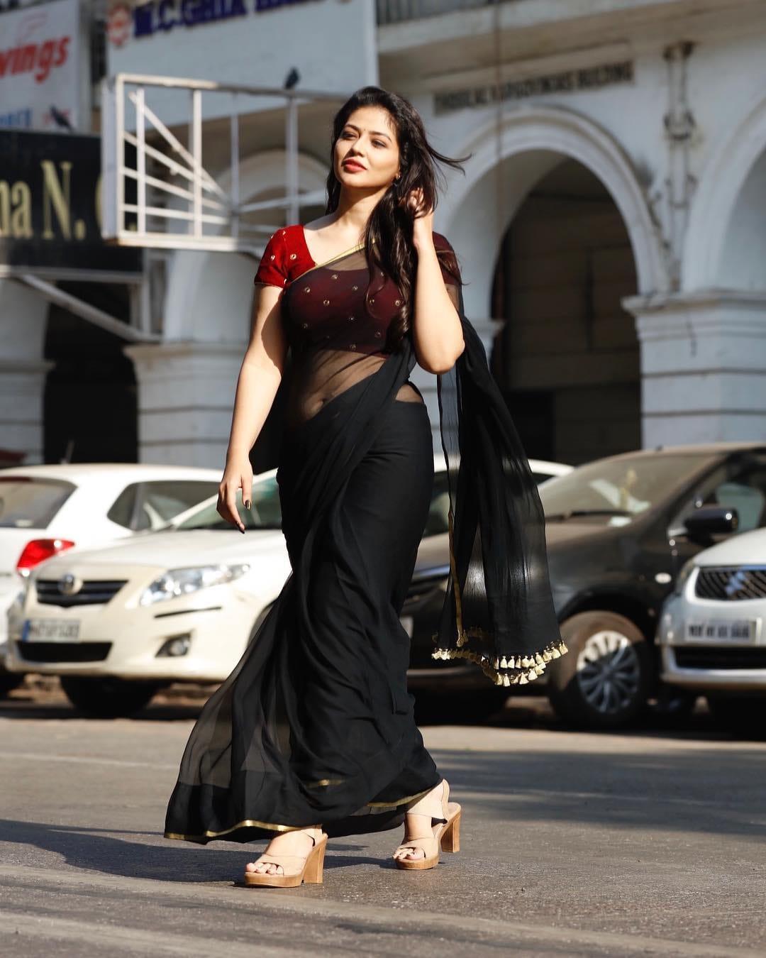 1080x1350 Priyanka Jawalkar Navel Show In Transparent Black Saree