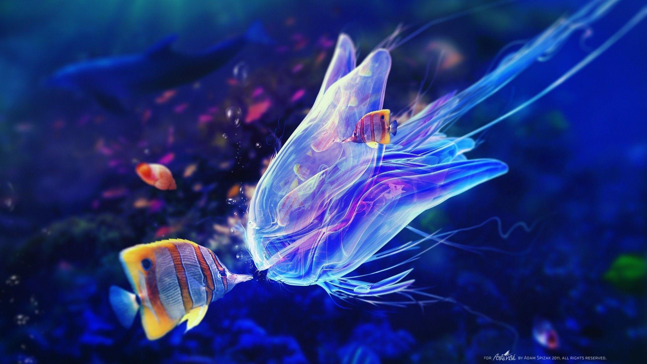 2120x1192 Download 2120x1192 Jellyfish, Underwater, Fishes, Artwork
