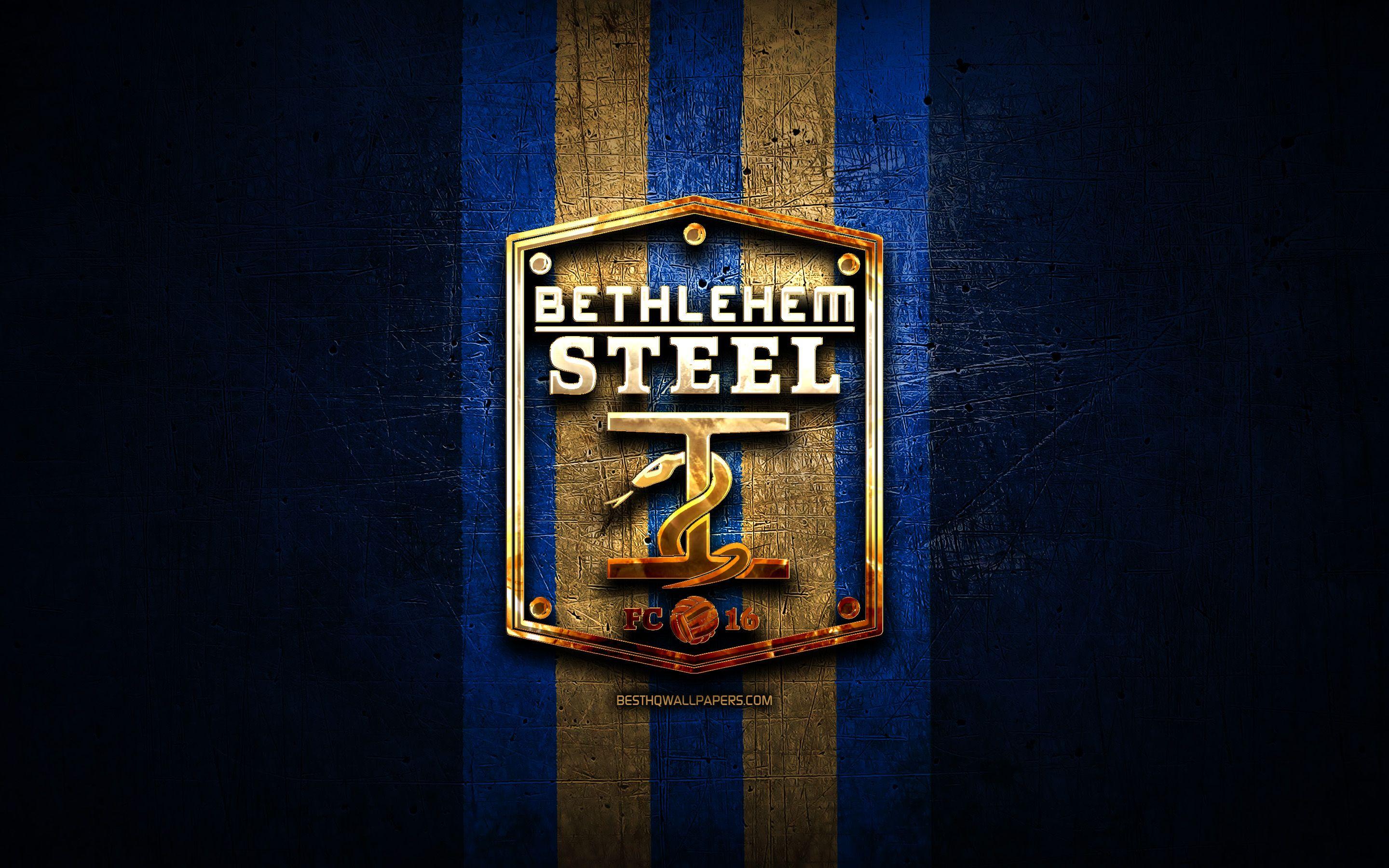 2880x1800 Download wallpaper Bethlehem FC, golden logo, USL, blue metal
