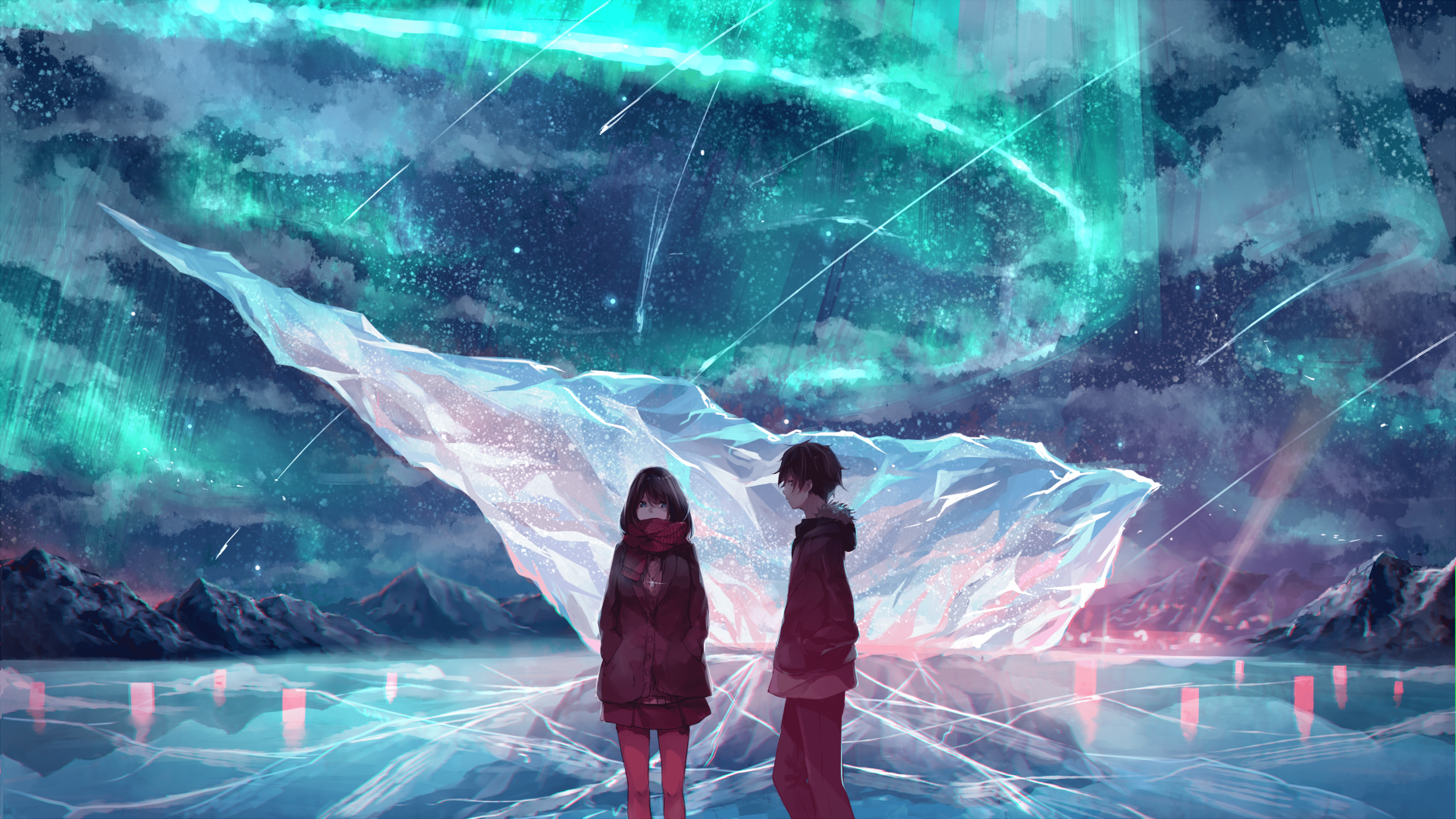 3840x2160 Download 3840x2160 Anime Couple, Ice Field, Scarf, Anime Girl, Boy