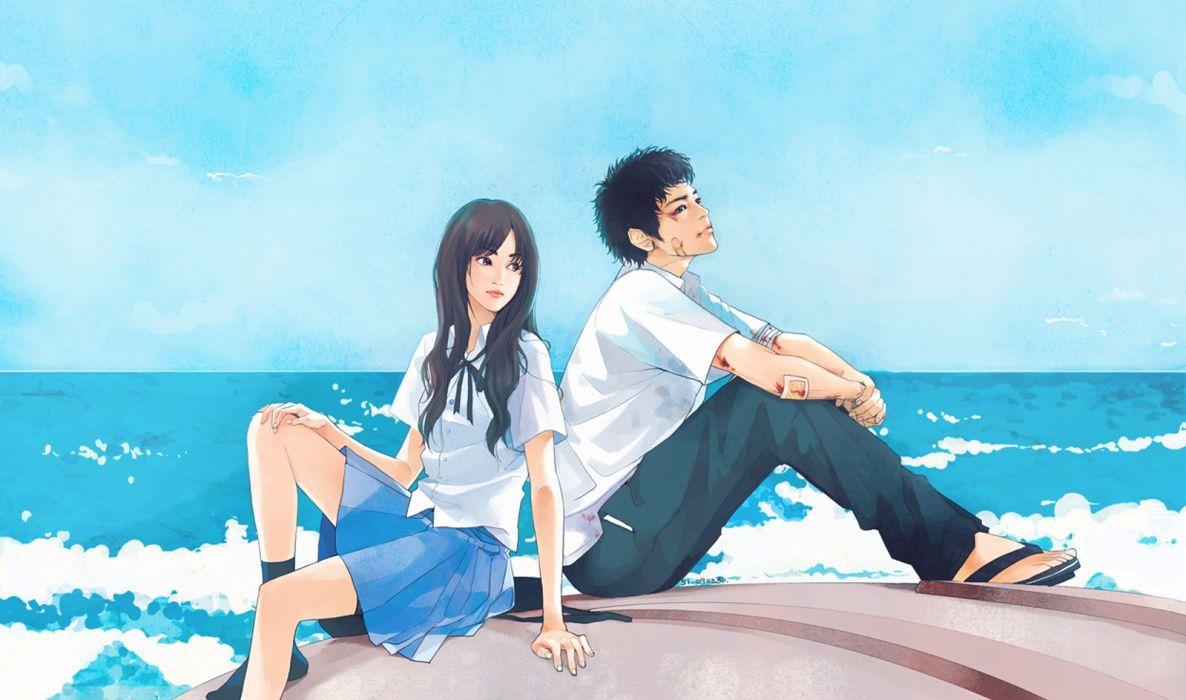 1186x700 Sea blue couple love anime girl boy school uniforms long hair