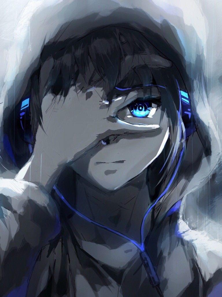 768x1024 Download 768x1024 Anime Boy, Hoodie, Blue Eyes, Headphones