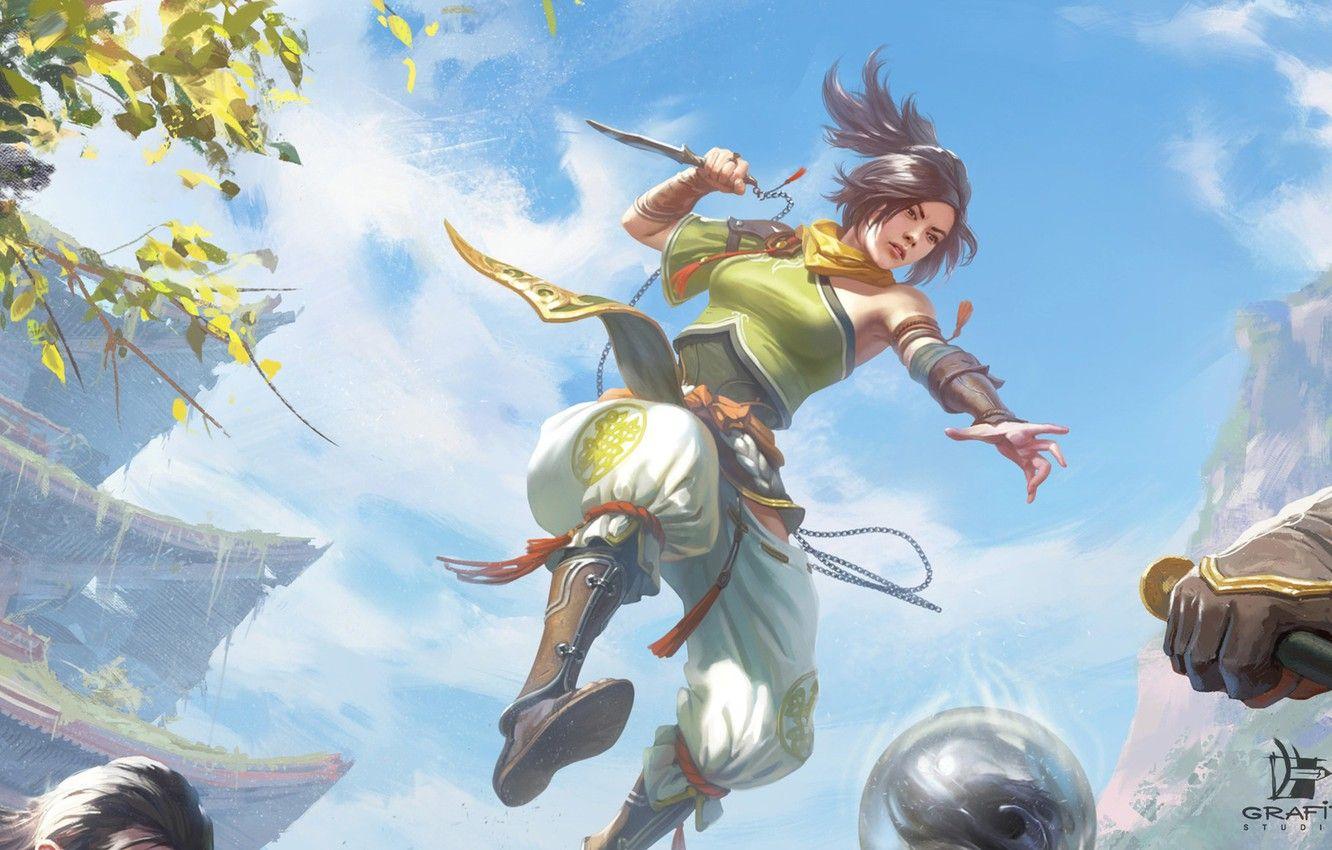 1332x850 Photo Wallpaper Jump, Knife, Attack, Warrior, Shadow