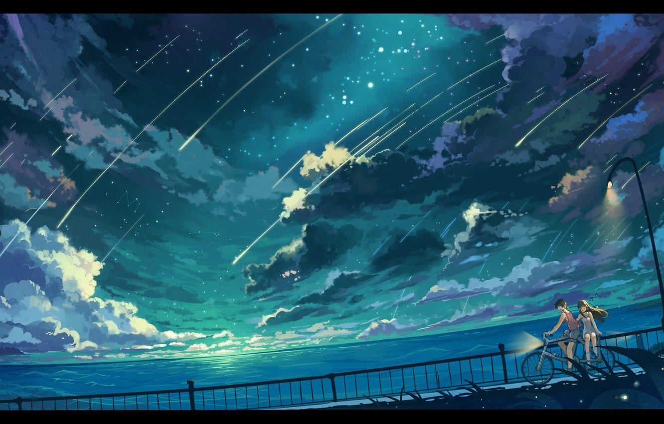 1332x850 Wallpaper the sky, girl, stars, clouds, landscape, nature, bike