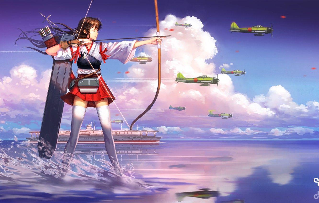 1332x850 Wallpaper girl, the plane, the ocean, figure, ship, anime, Archer