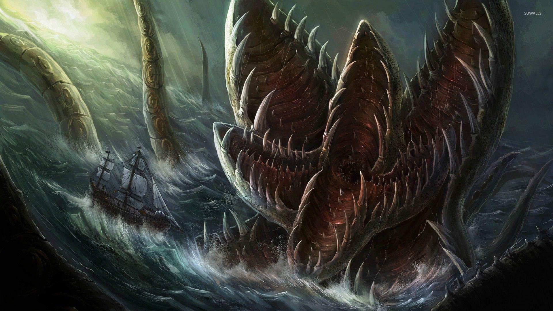1920x1080 Sea monster attacking the sailing ship wallpaper
