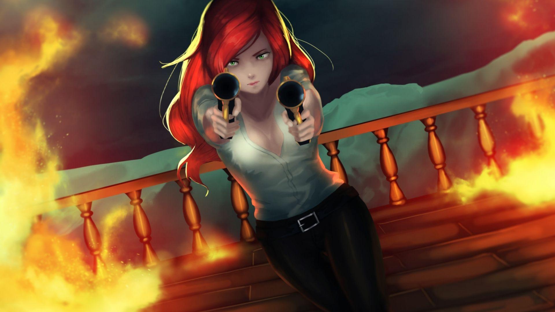 1920x1080 Download Miss Fortune, gun fire, red head, League of Legends, art