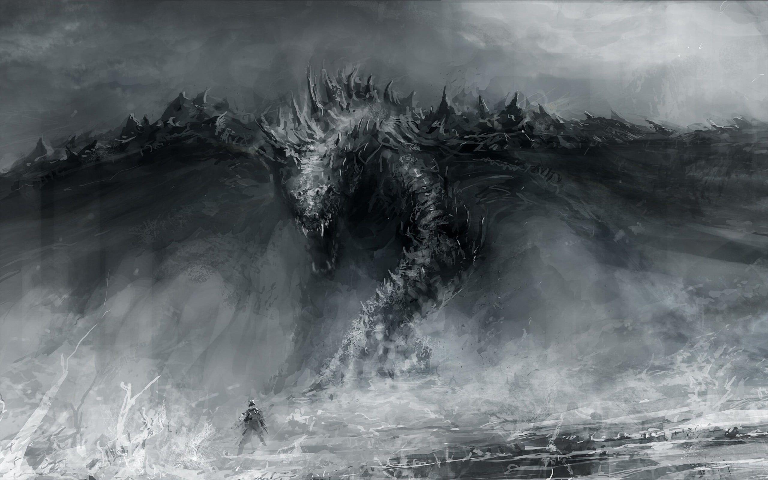 2560x1600 Grayscale painting of sea monster, fantasy art, dragon HD