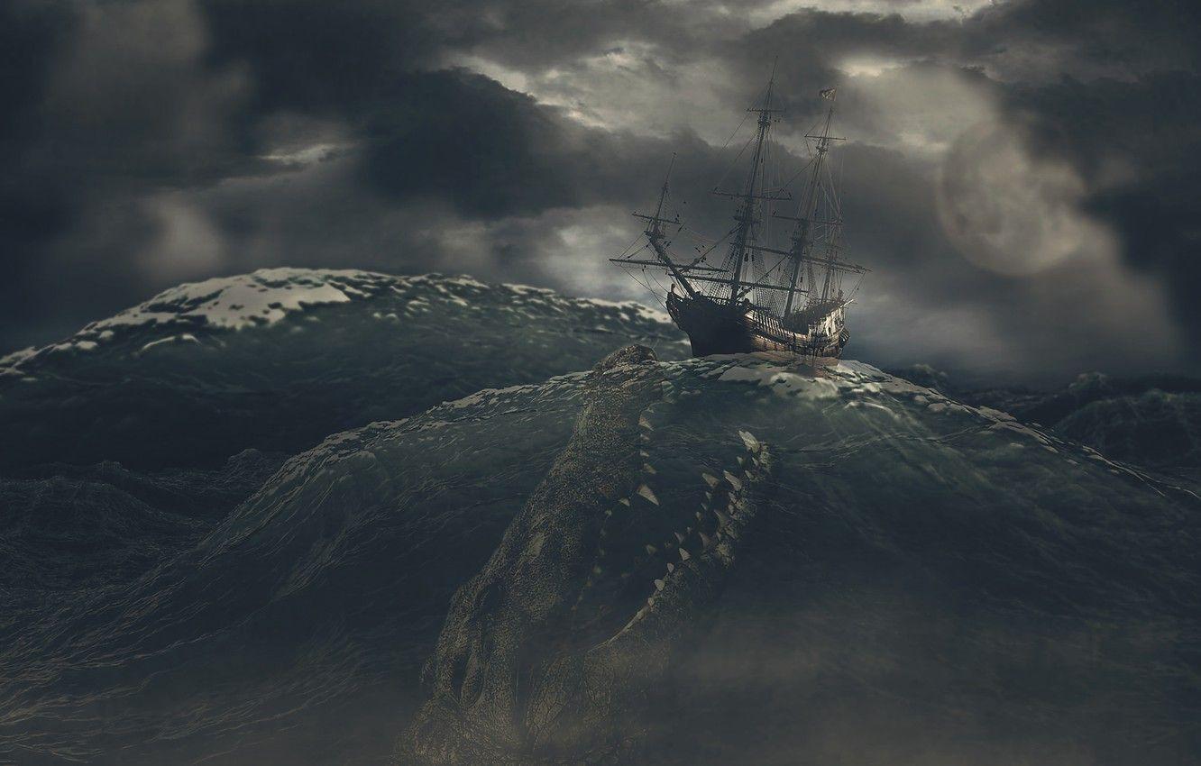 1332x850 Wallpaper sea, the sky, clouds, storm, rendering, sea monster image for desktop, section рендеринг