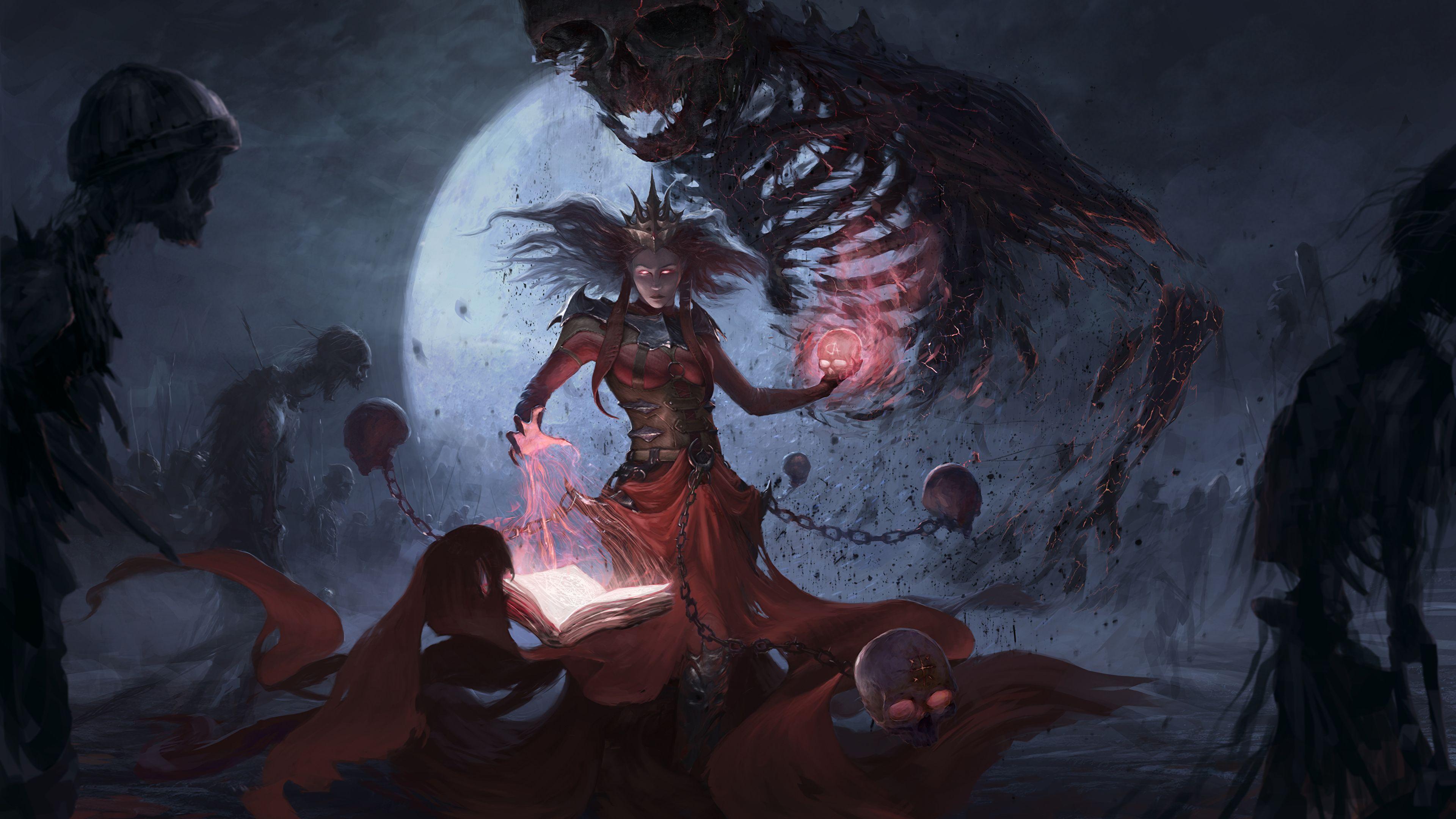 3840x2160 Desktop Wallpaper Witch Skulls sorcery Undead female 3840x2160