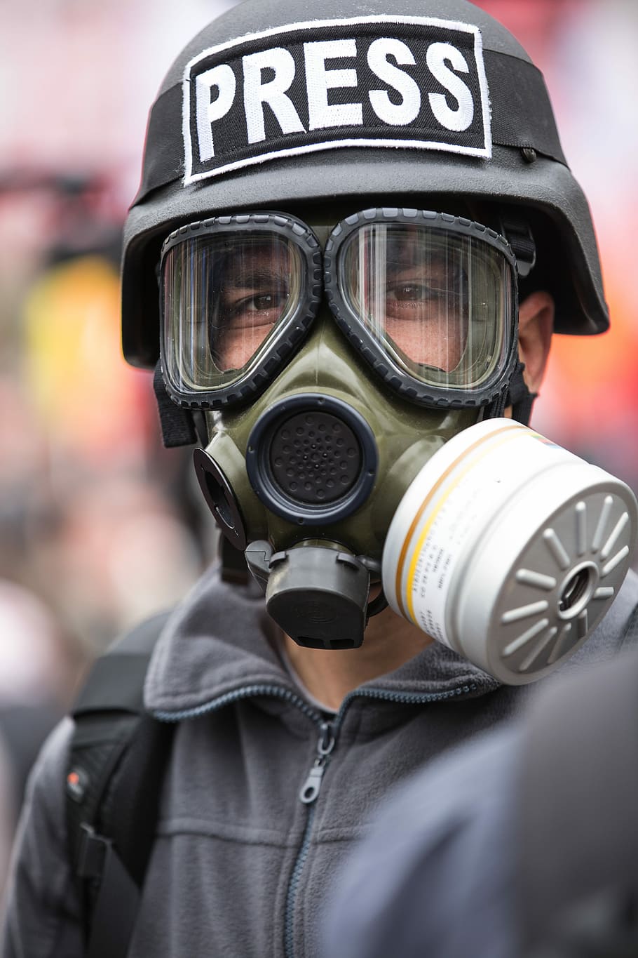 910x1365 HD wallpaper: person wearing gas mask and black Press helmet