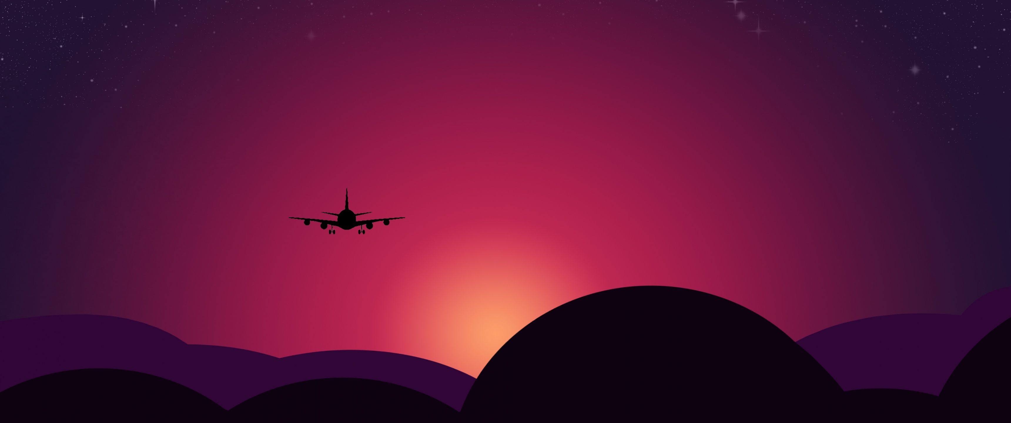3440x1440 Plane Wallpaper 4K, Sunset, Starry sky, Illustration