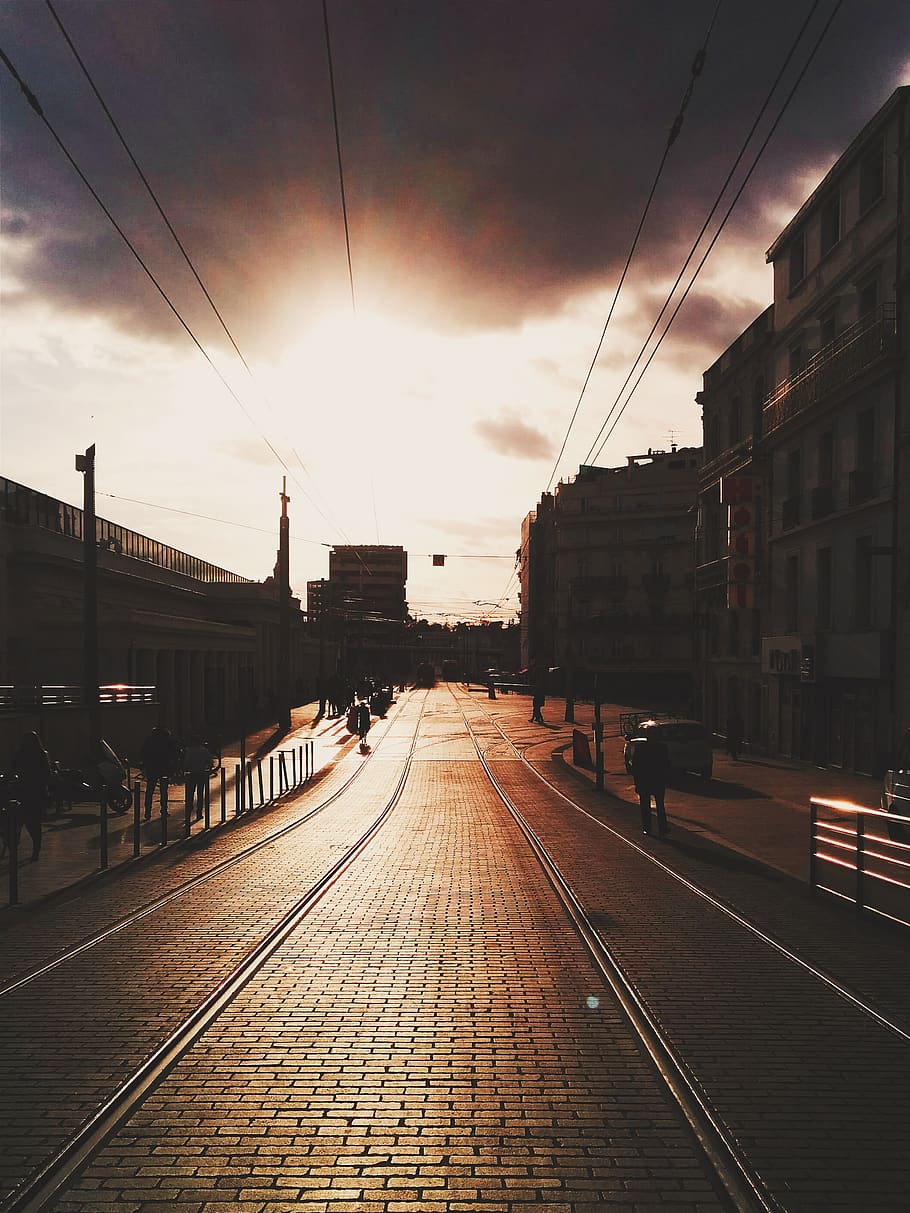 910x1213 HD wallpaper: montpellier, france, 1 rue du pont de lattes, sunset, train