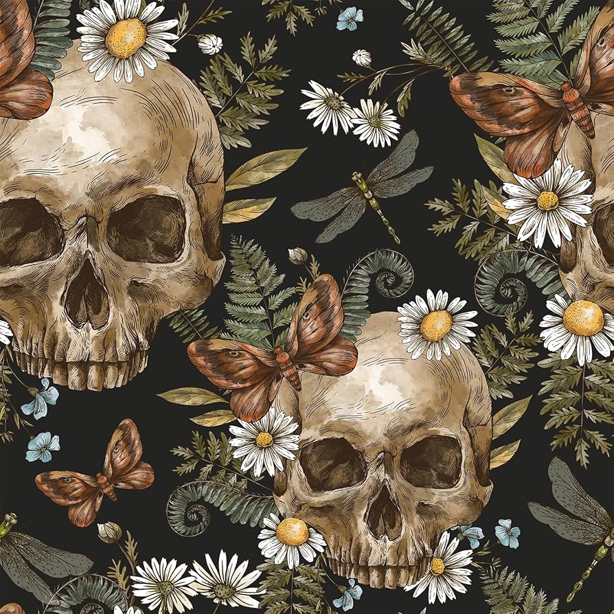894x894 VEELIKE Dark Gothic Wallpaper Skulls Ferns Peel and Stick Wallpaper Floral Wallpaper for Bedroom Bathroom Living Room 17.7''x118'' Removable Adhesive
