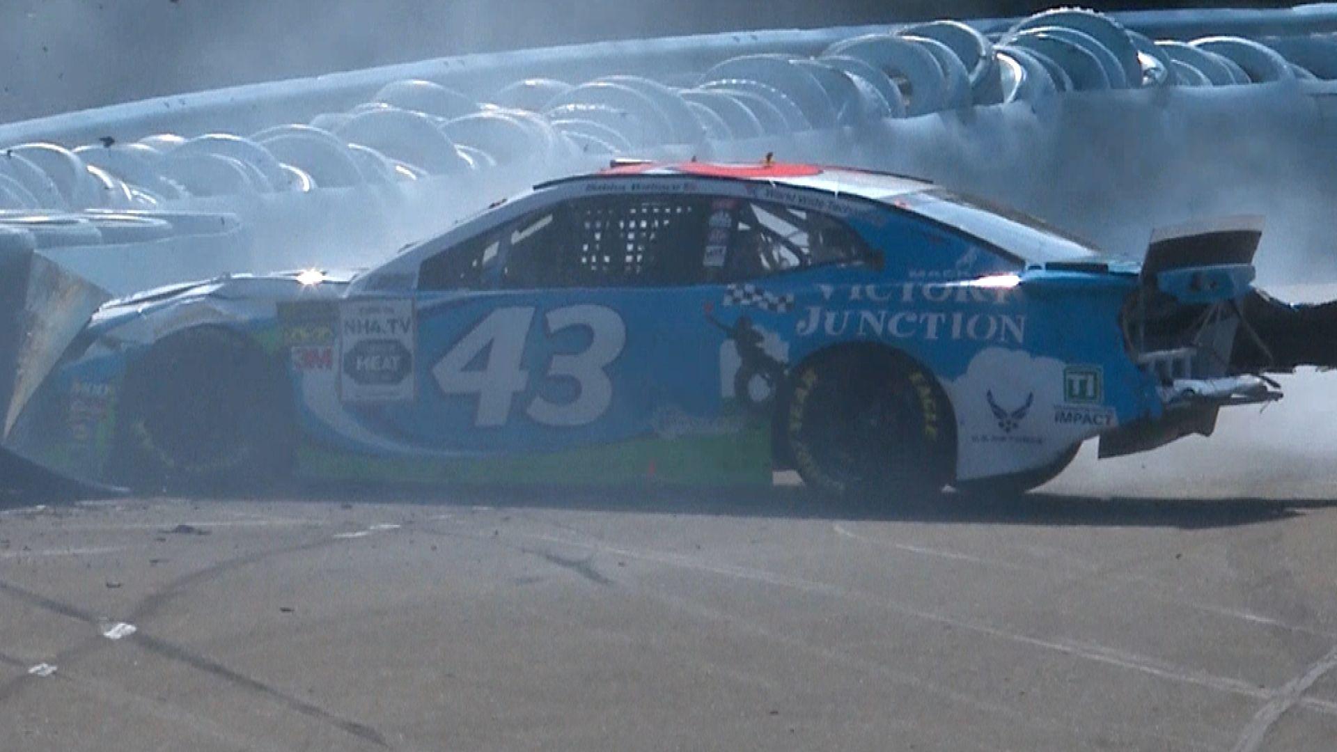 1920x1080 Bubba Wallace plows into tire barrier at Watkins Glen