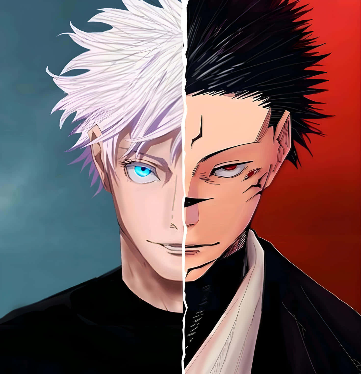 1472x1528 Download Gojo Sukuna Face Split Wallpaper