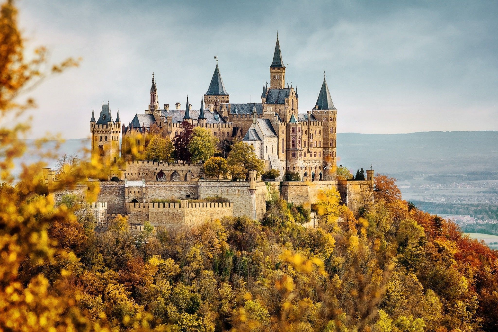 2048x1365 architecture, Building, Castle, Clouds, Tower, Trees, Nature, Germany, Fall, Leaves, Forest, Landscape, Hill, Walls, Burg Hohenzollern Wallpaper HD / Desktop and Mobile Background