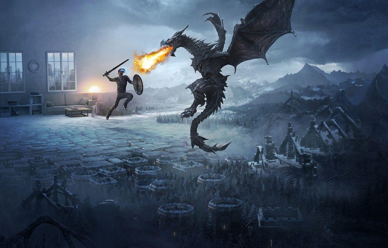 1332x850 Wallpaper mountains, flame, dragon, fight, Skyrim image