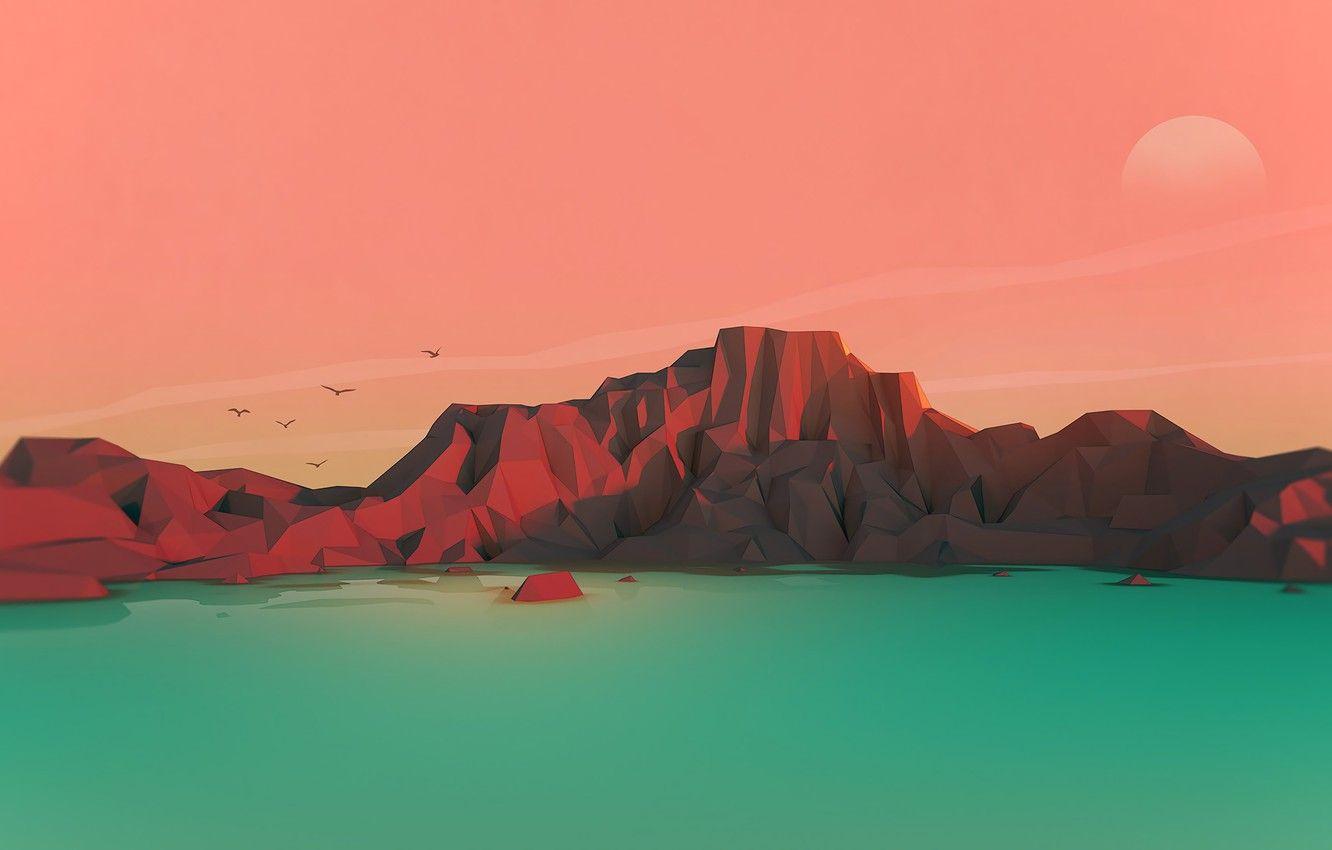 1332x850 Wallpaper Water, Mountains, Lake, The moon, Low Poly image