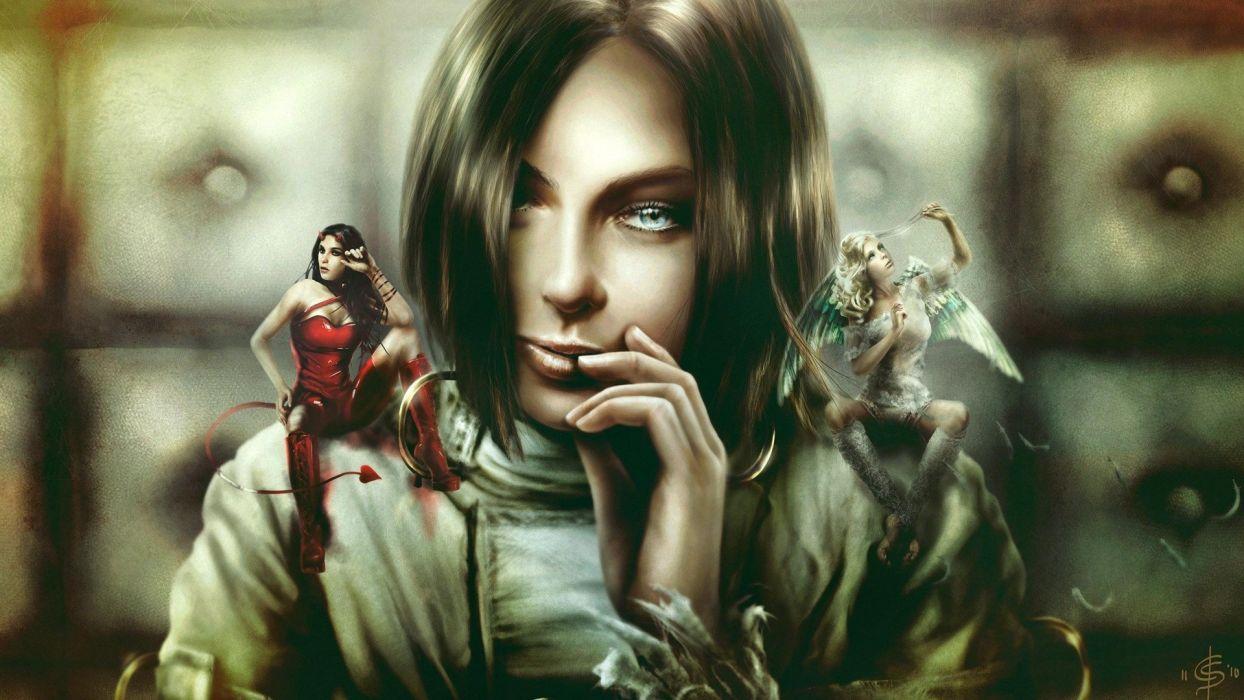 1244x700 Brunettes angels women fantasy devil fantasy art digital art