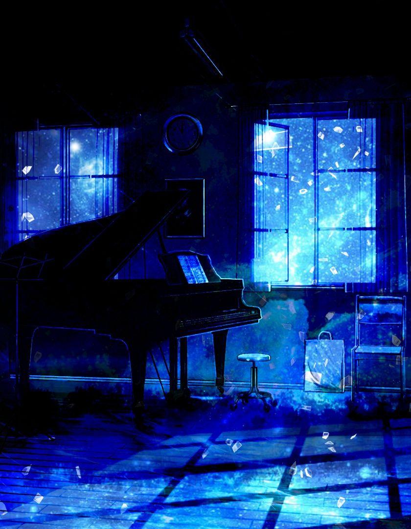 840x1080 Download Music room, piano, anime, original, dark wallpaper