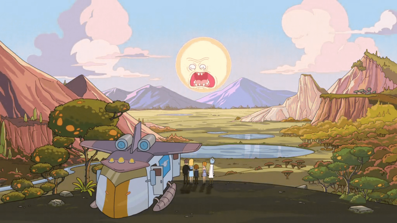 1366x768 Screaming Sun Earth. Rick and Morty