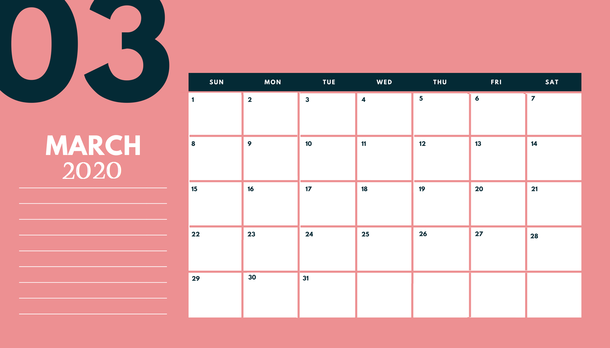 1941x1107 Printable 2020 Calendar Template