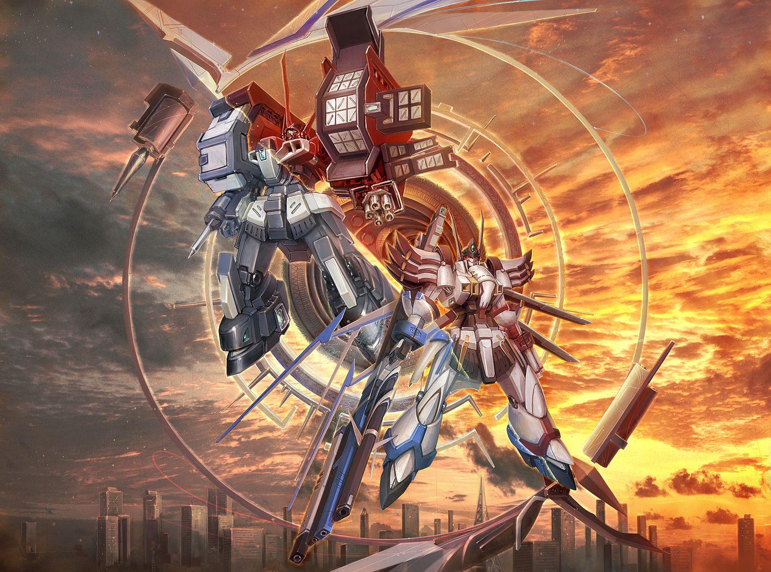 1500x1113 alteisen alteisen nacht city gun intuos9 mecha sunset super robot