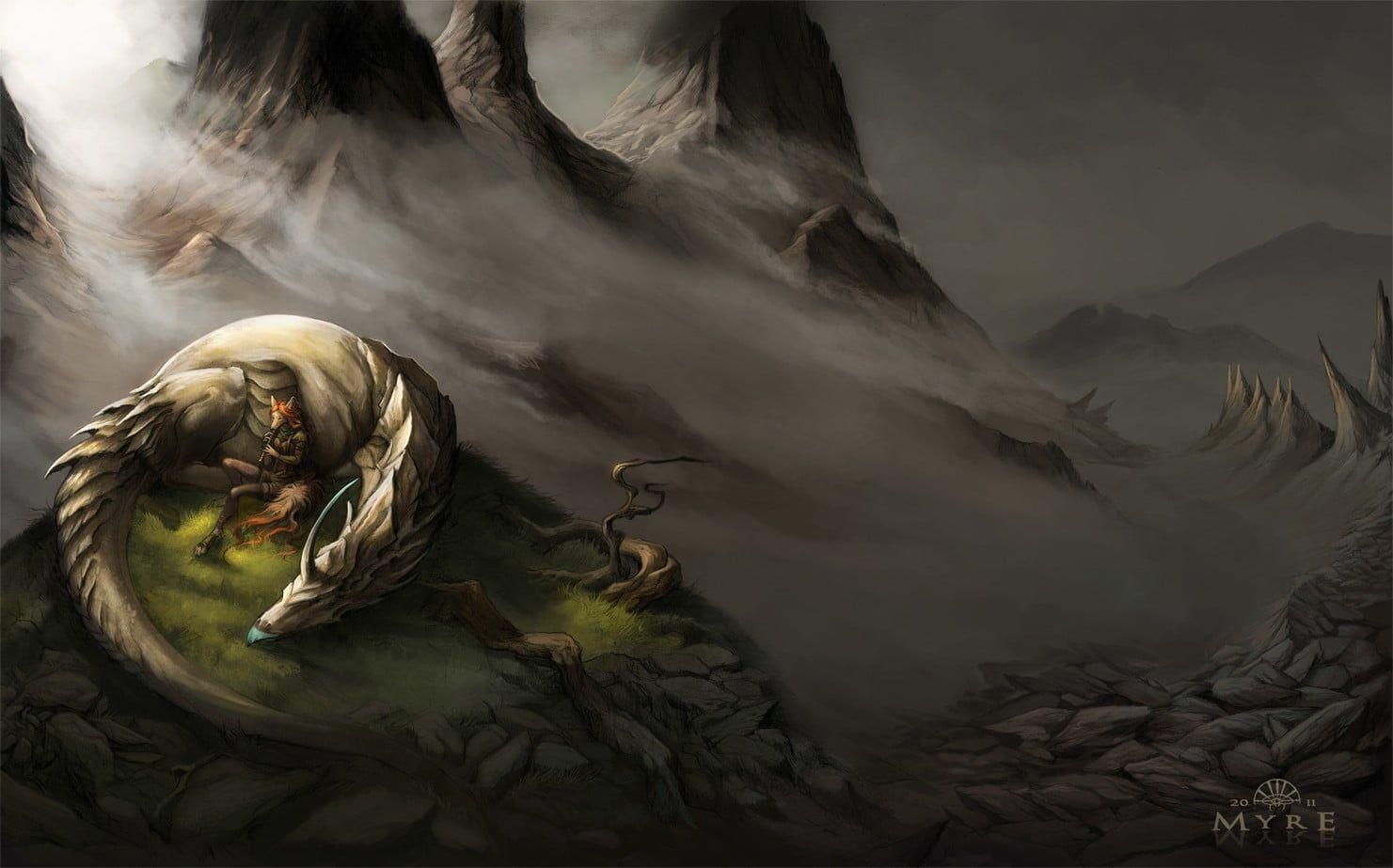 1481x923 White dragon painting HD wallpaper