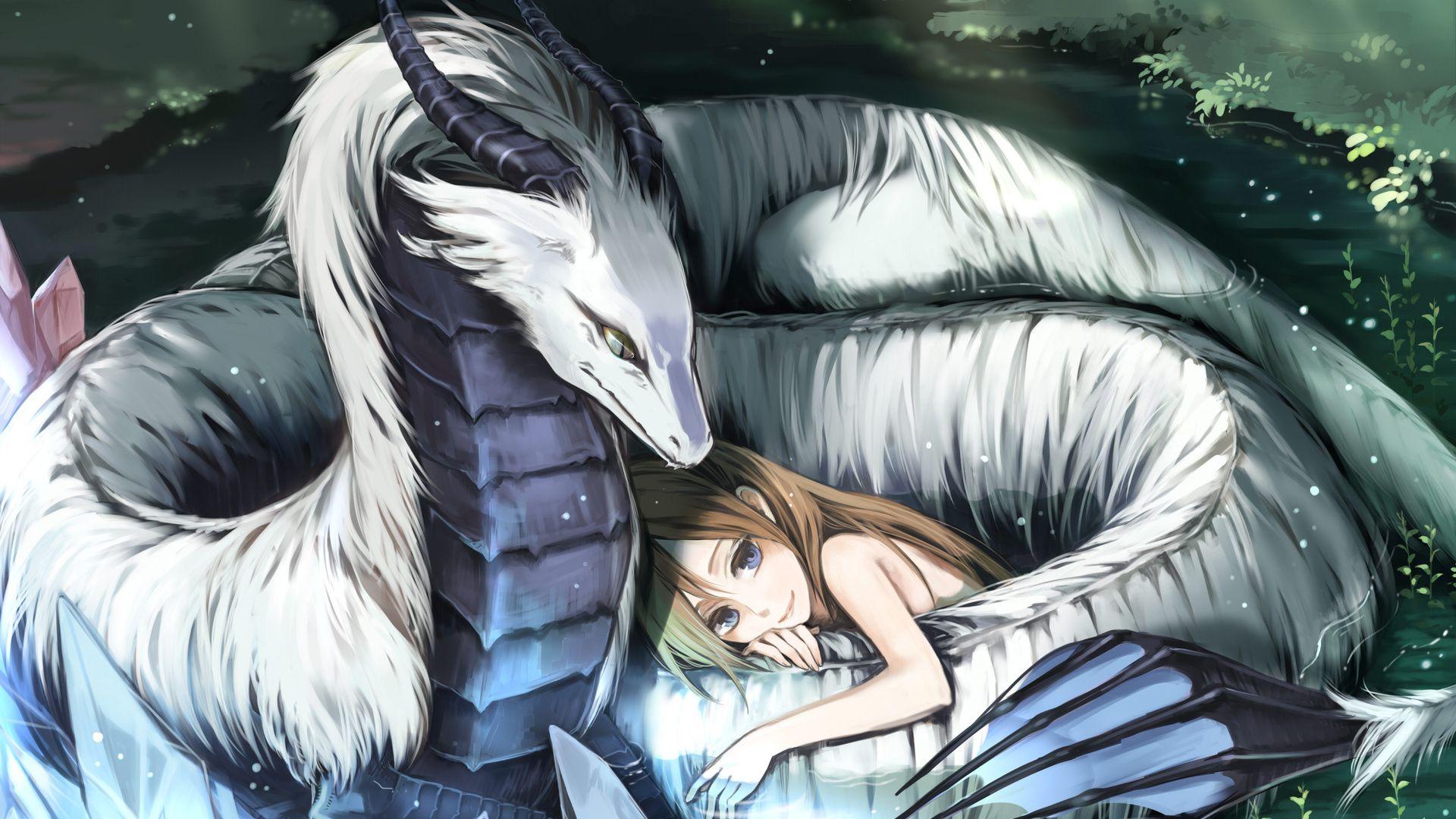 1920x1080 Beautiful, Protection, Girl, White, Dragon, Dragon Love