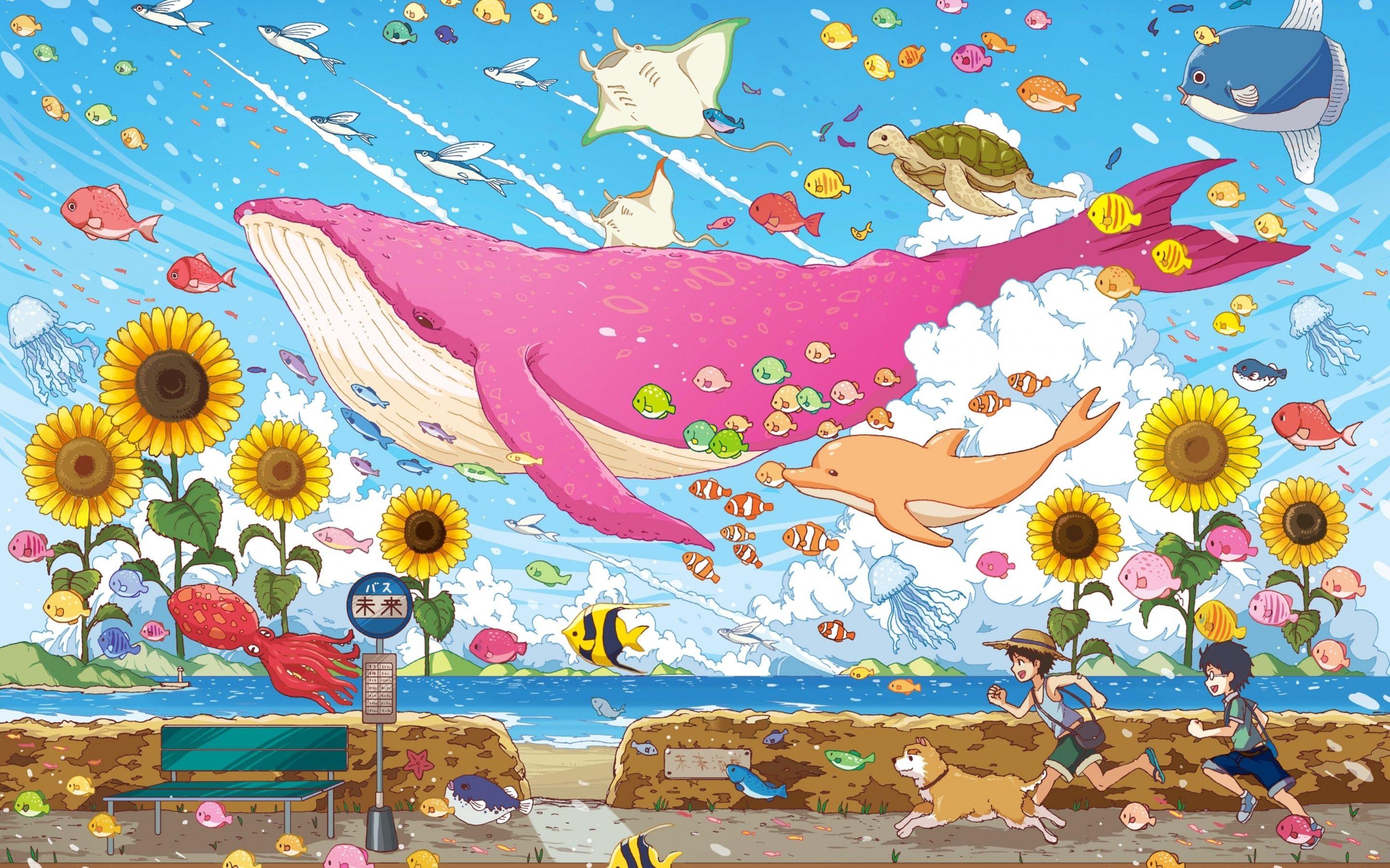 2880x1800 Download 2880x1800 Anime Boys, Running, Surrealism, Fishes