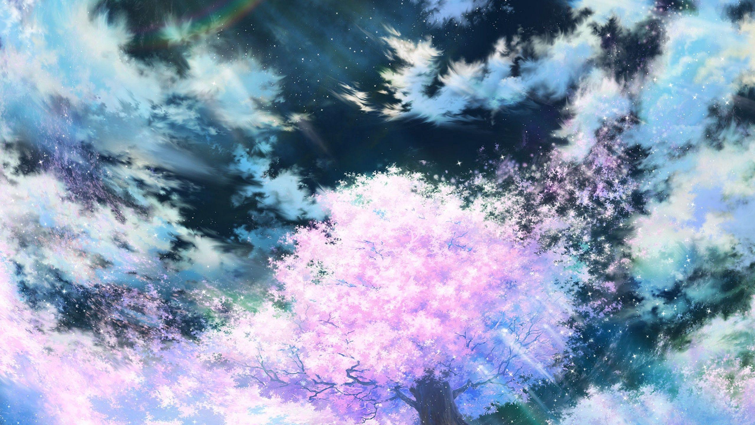 2560x1440 Download wallpaper 2560x1440 sakura, art, sky, anime, pink