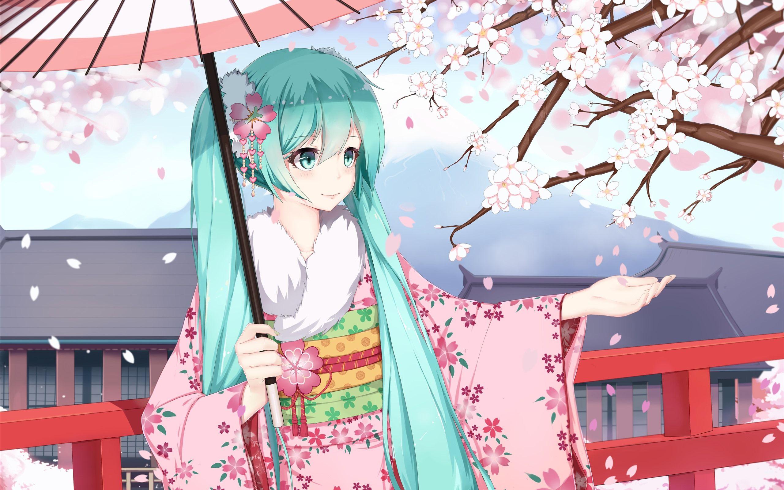 2560x1600 Hatsune Miku, blue hair anime girl, kimono, sakura 1242x2688