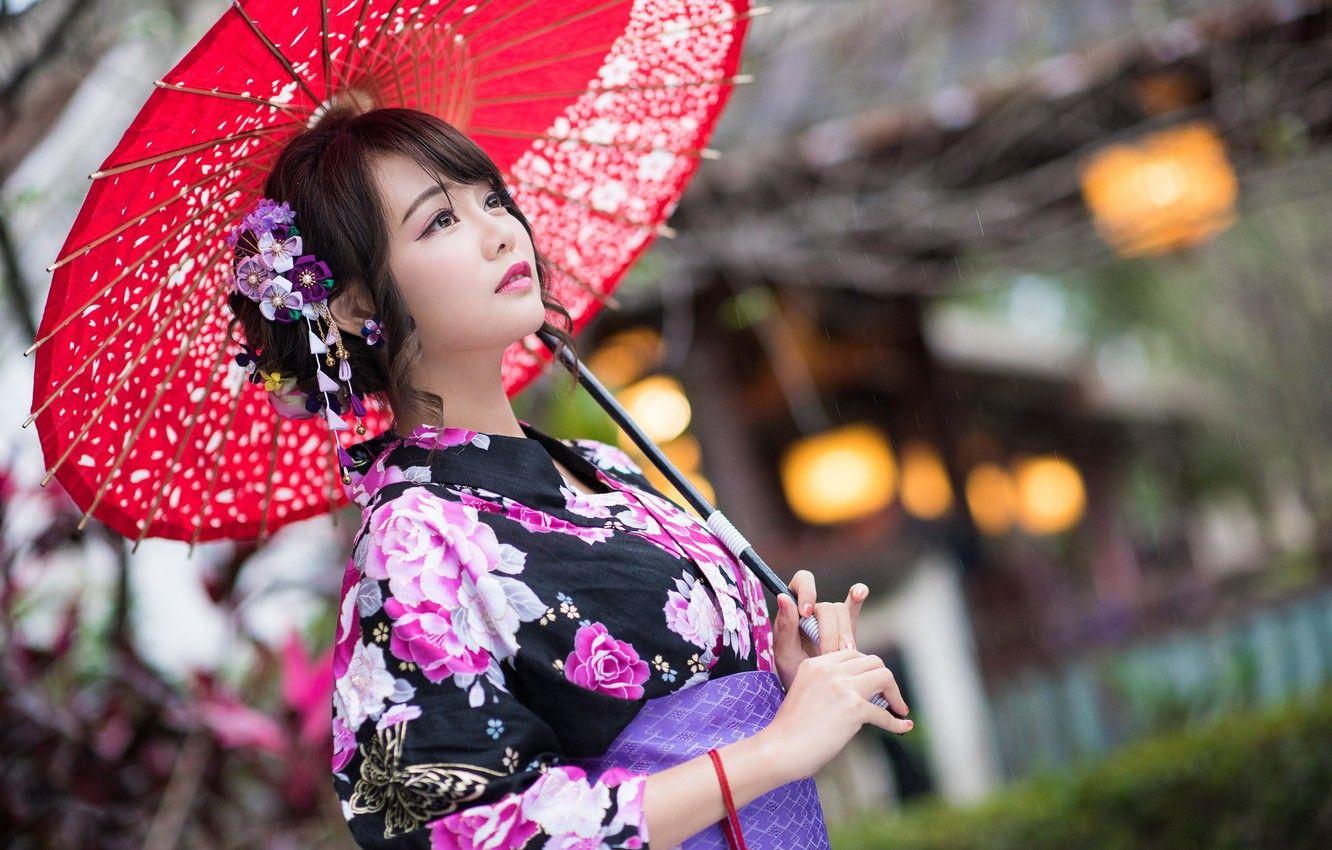 1332x850 Wallpaper girl, umbrella, kimono, Asian image for desktop