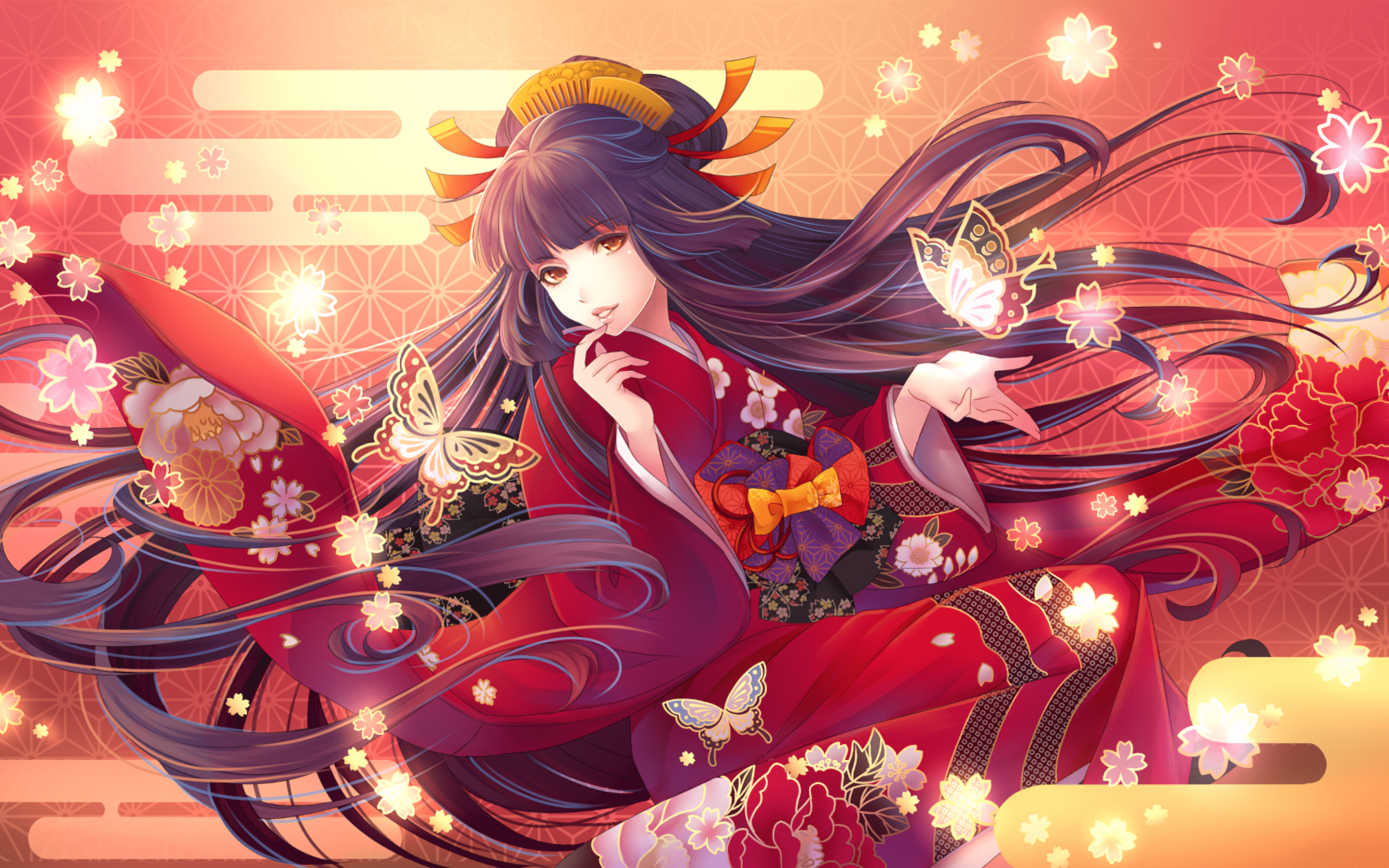 2880x1800 Download 2880x1800 Anime Girl, Kimono, Long Hair, Butterflies