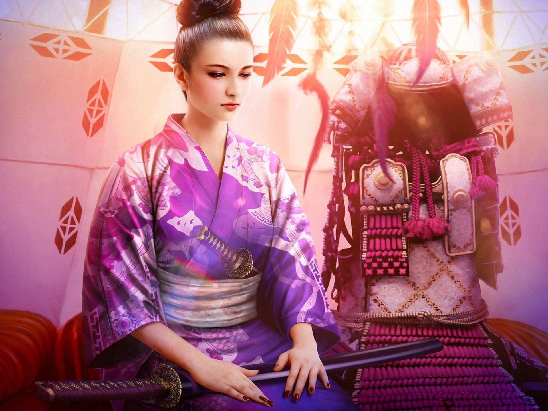 1920x1440 Fantasy beautiful kimono girl, purple, katana, armor, geisha doll