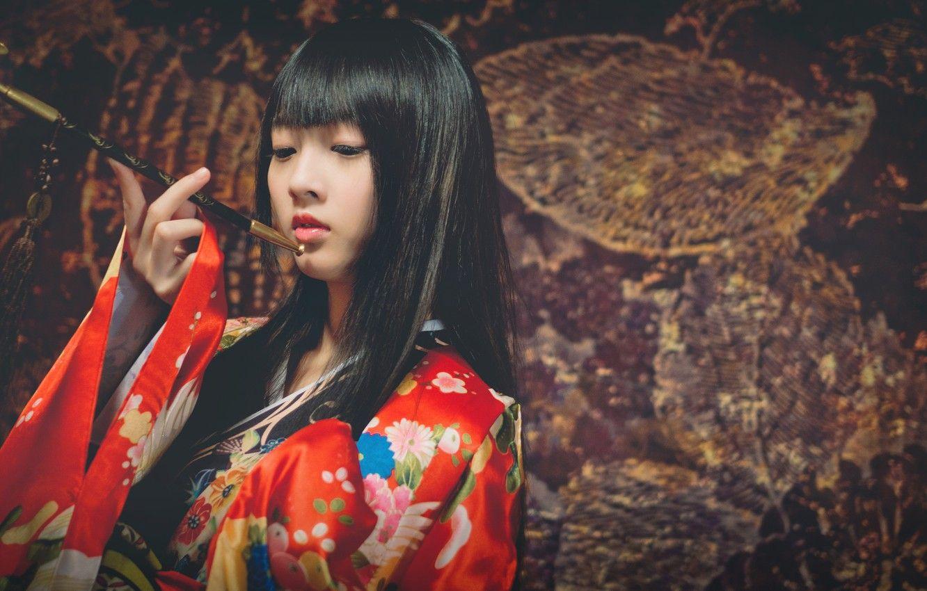 1332x850 Wallpaper girl, style, Japanese, kimono, Asian, Smoking pipe