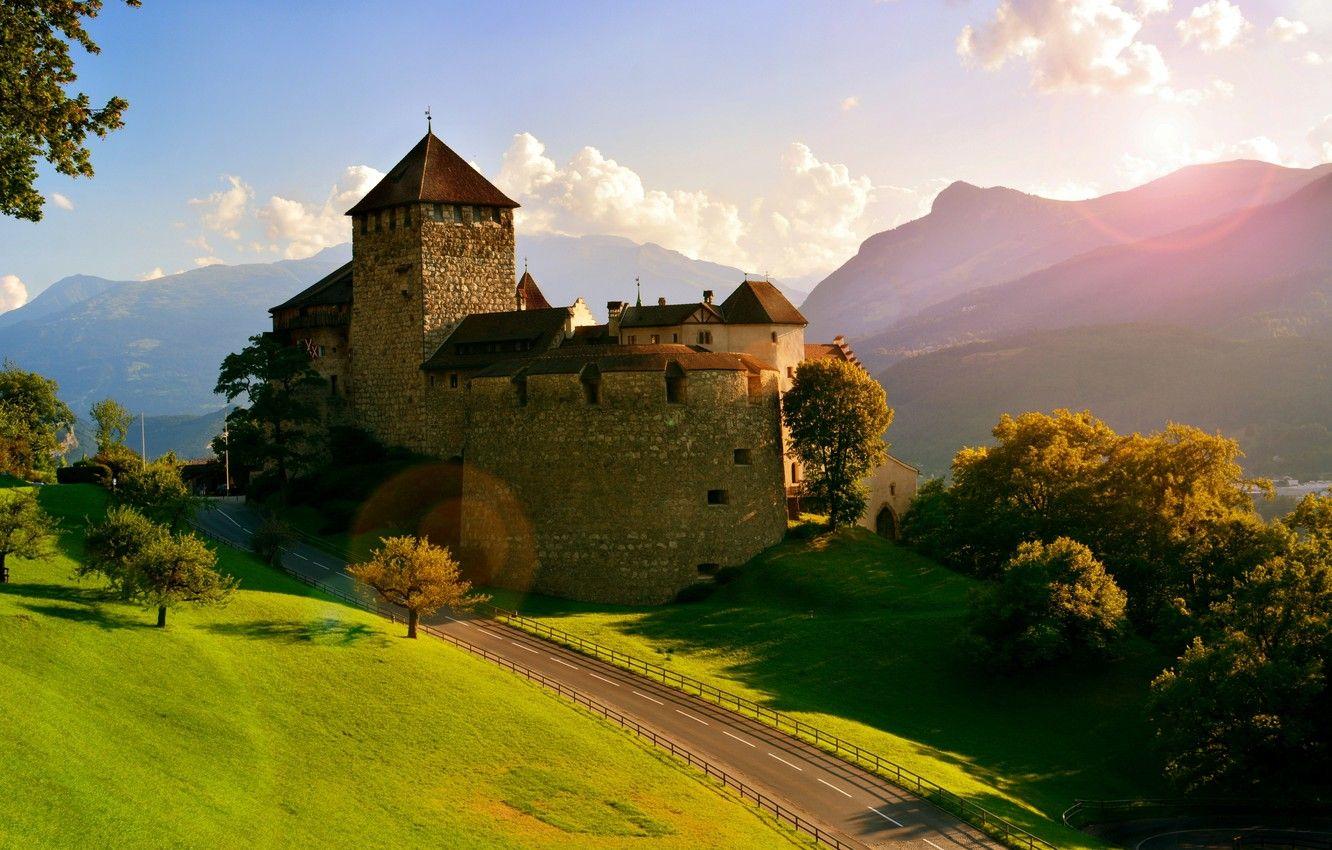 1332x850 Wallpaper road, trees, mountains, castle, Alps, Alps
